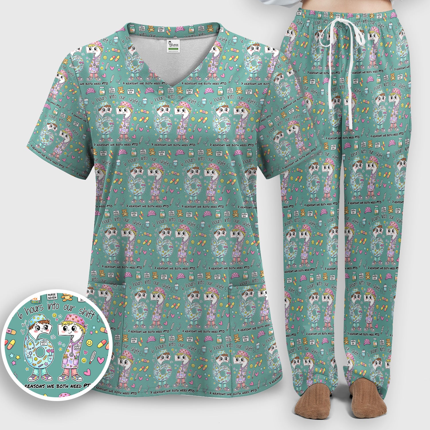 Cartoon Characters Six Hours Into Shift With Medical Doodle Scrub Set, Breathable Med Uniform