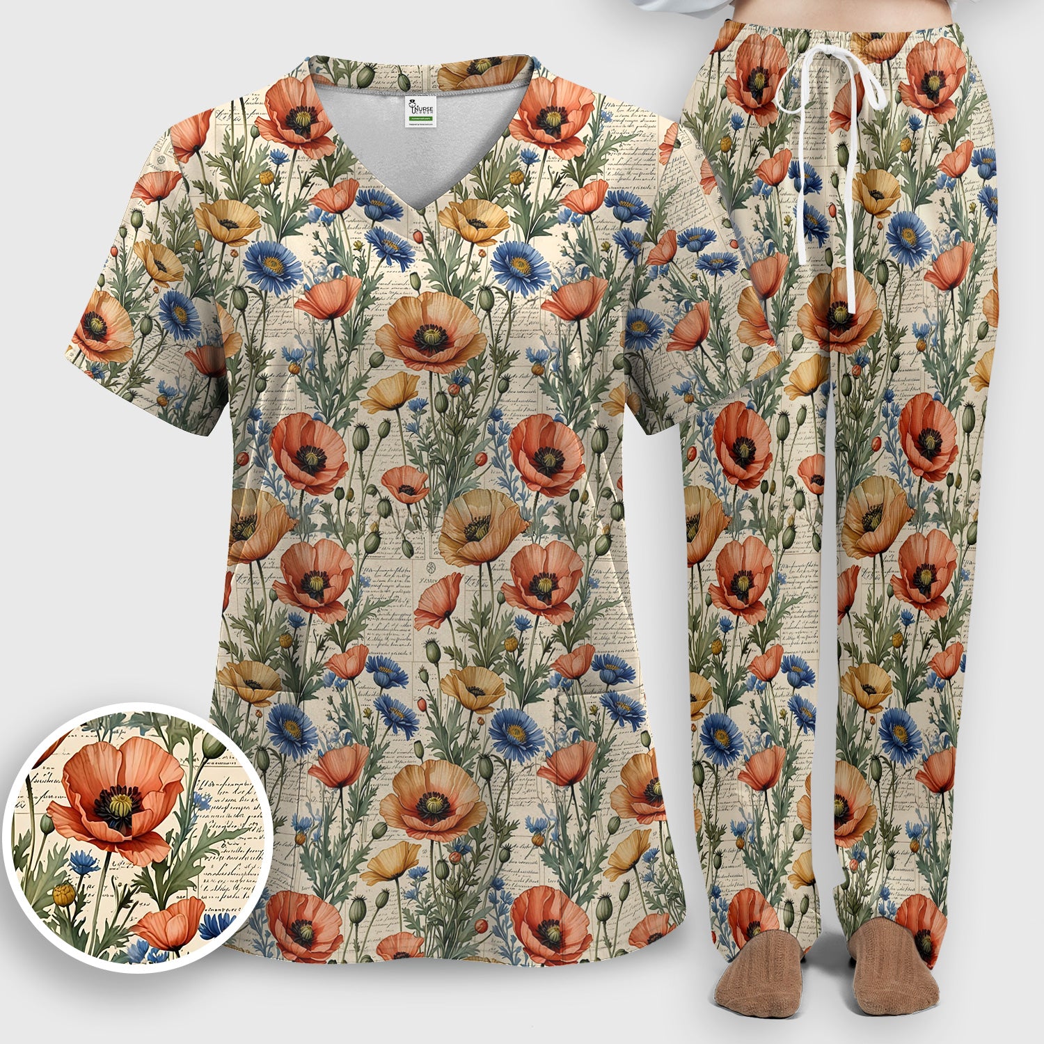 Vintage Poppy Wildflower Script Print Scrub Set, Scrub Pants and V Neck Top