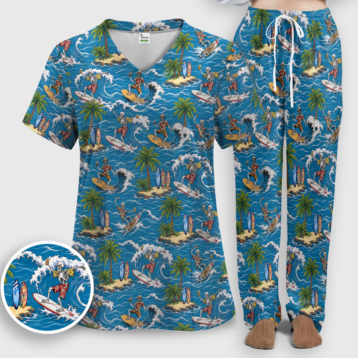 Spooky Tropical Skeleton Surfer Pattern Scrub Set, Scrub Pants and V Neck Top