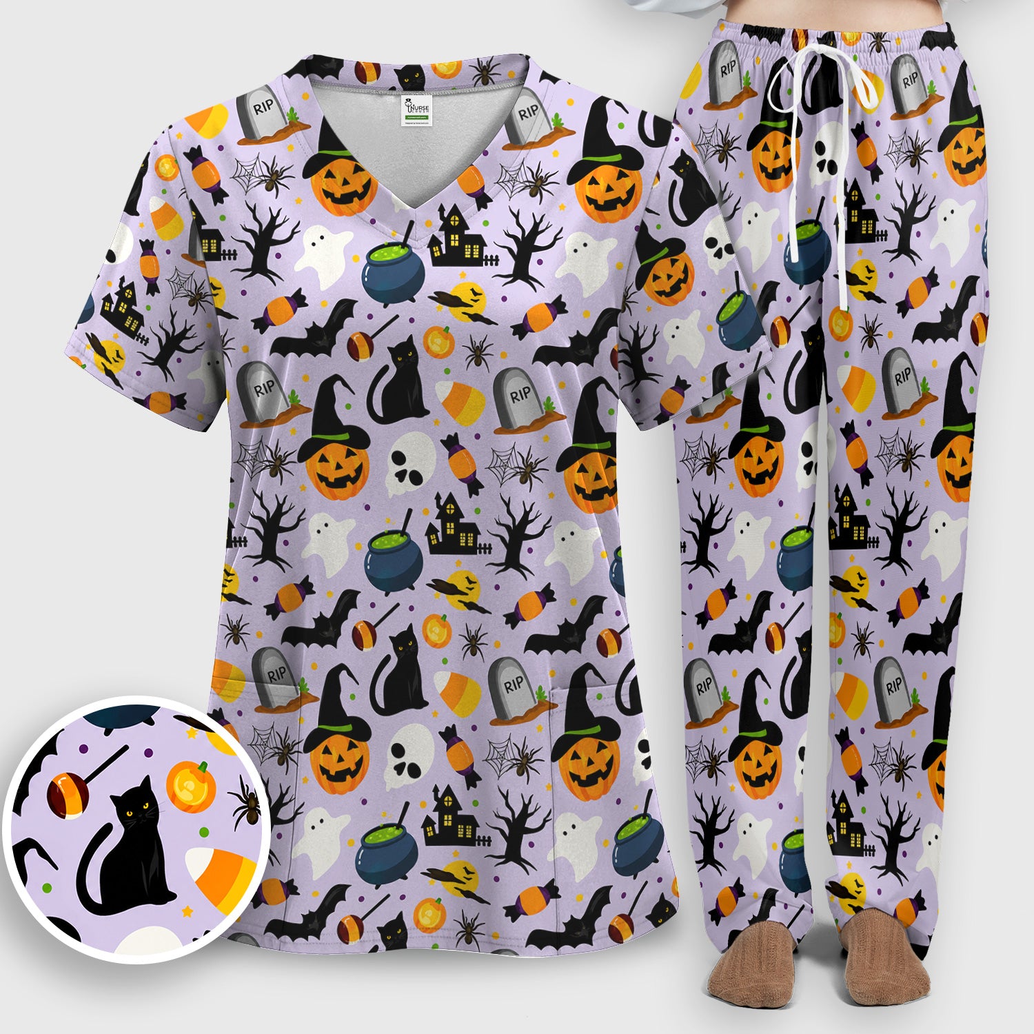 Ghost Pumpkin Witch Pattern Scrub Set, Scrub Pants and V Neck Top