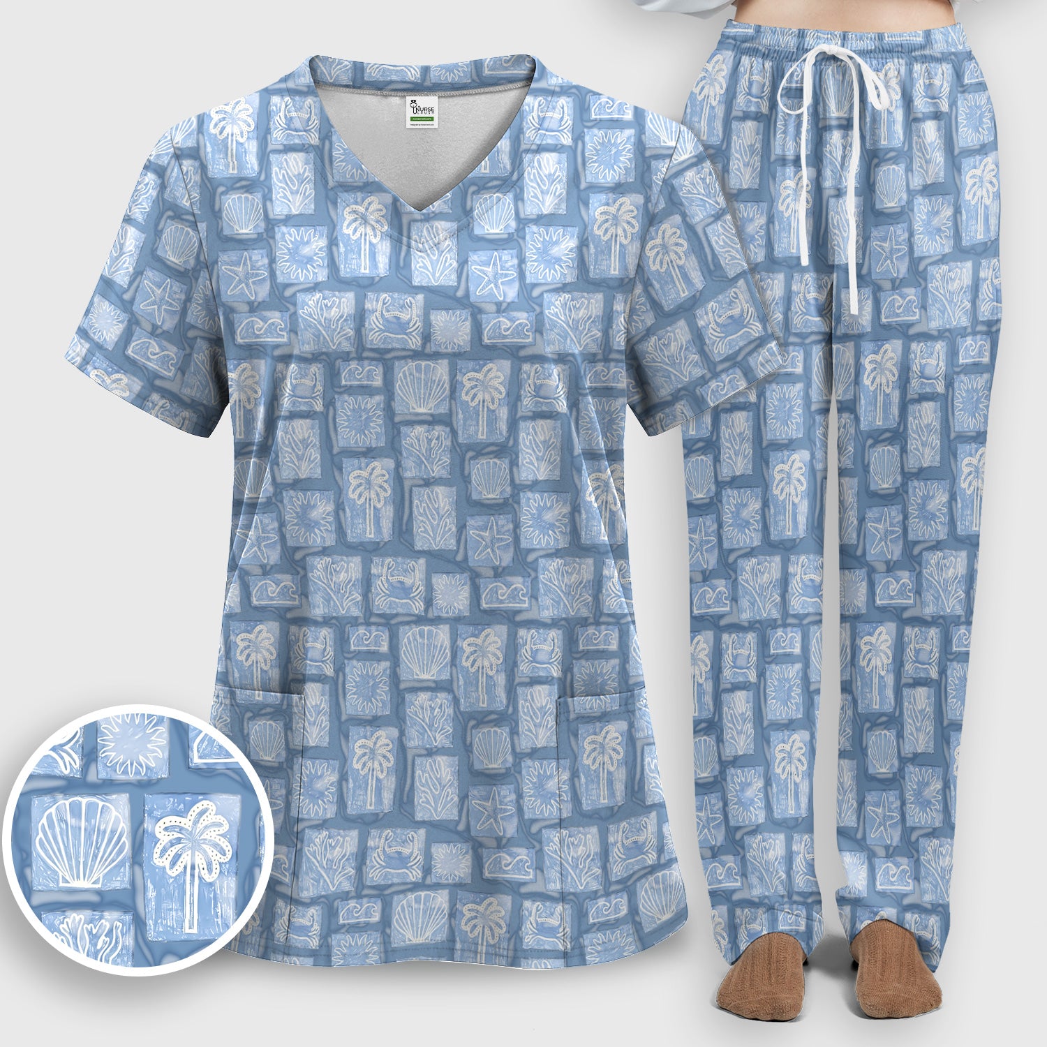 Cute Coastal Seashell Starfish Nurse Pattern Scrub Set, Scrub Pants and V Neck Top