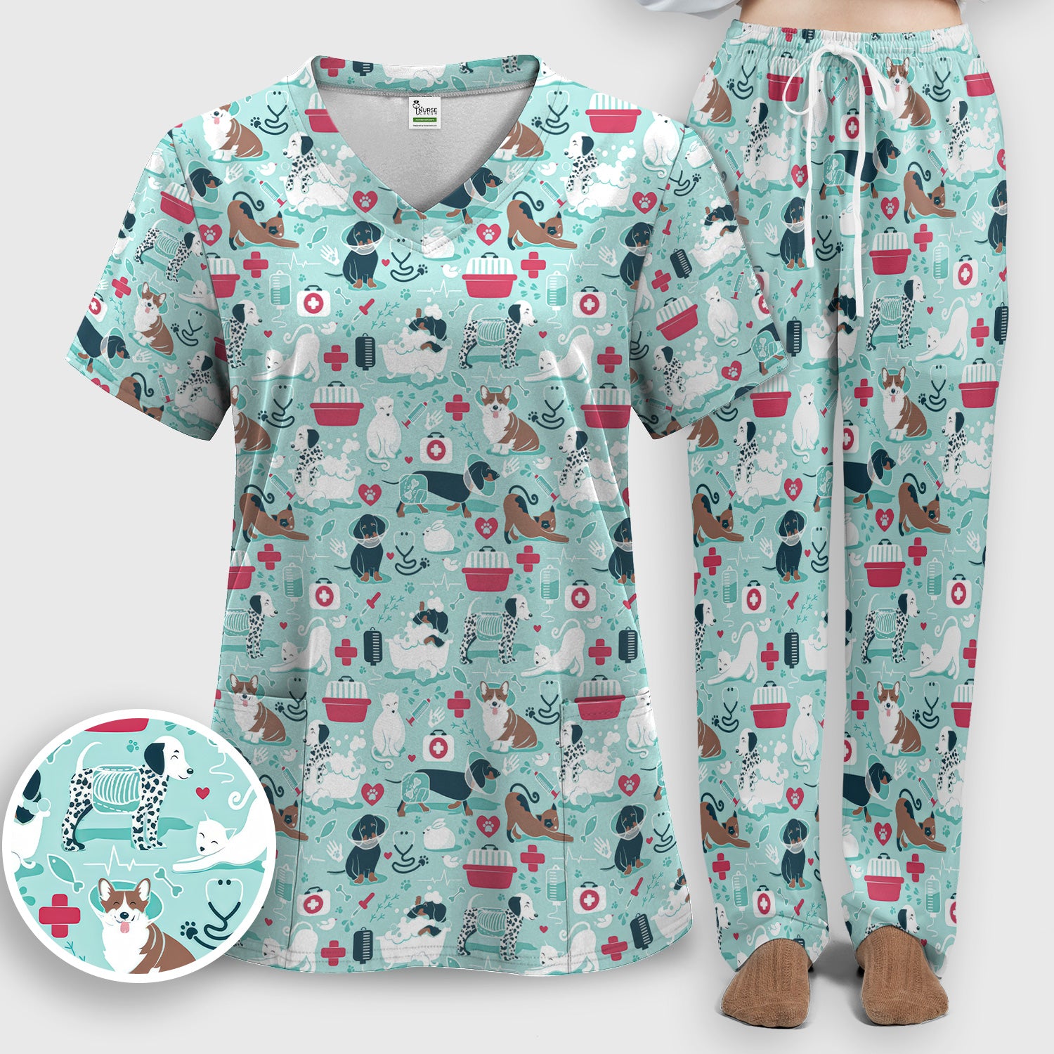 Dogs With Veterinary Tools And Paw Print Scrub Set, Breathable Med Uniform
