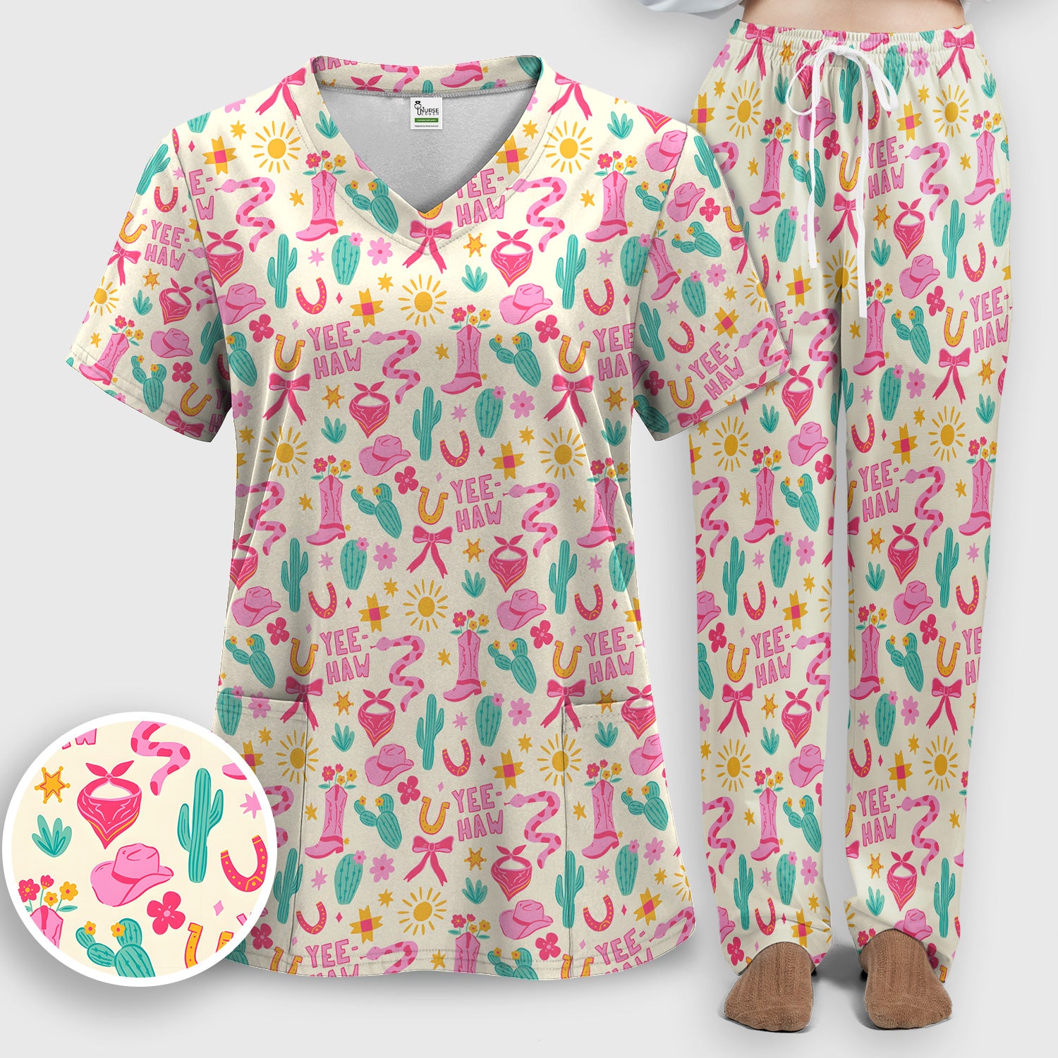 Pink Western Cowgirl Nurse Pattern Scrub Set, Scrub Pants and V Neck Top