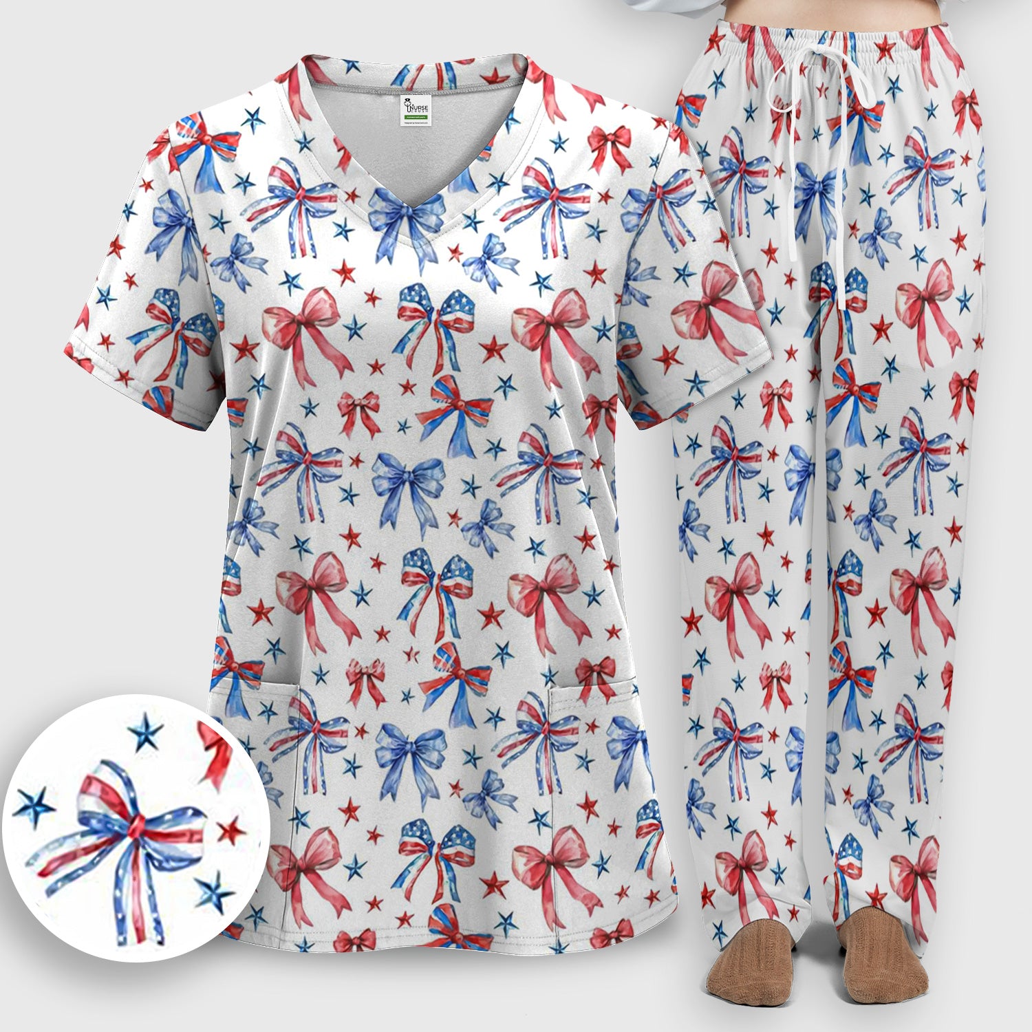 Festive Patriotic Ribbon Bow Star Pattern Scrub Set, Scrub Pants and V Neck Top