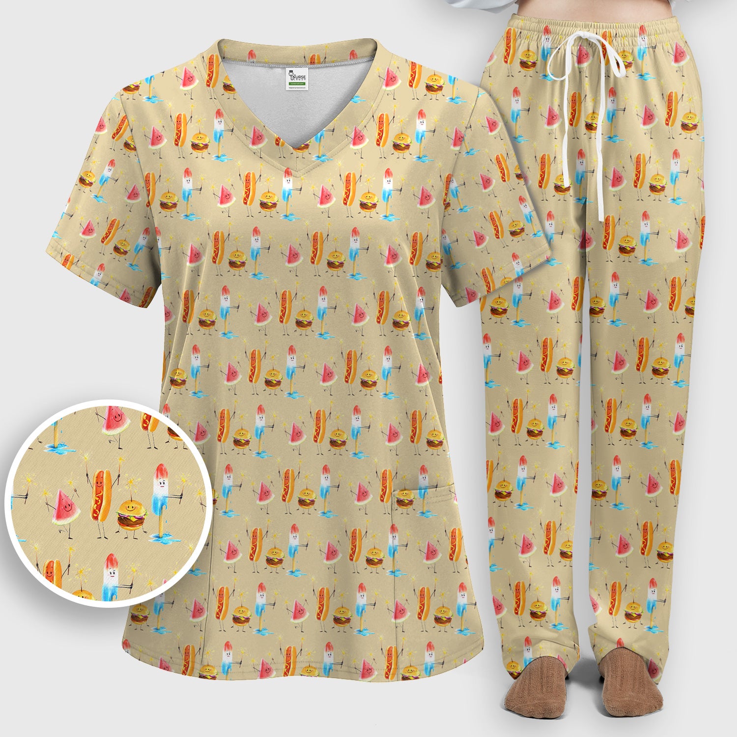 Funny Summer Food Icons Pattern Scrub Set, Breathable Fabrics Nursing Uniform