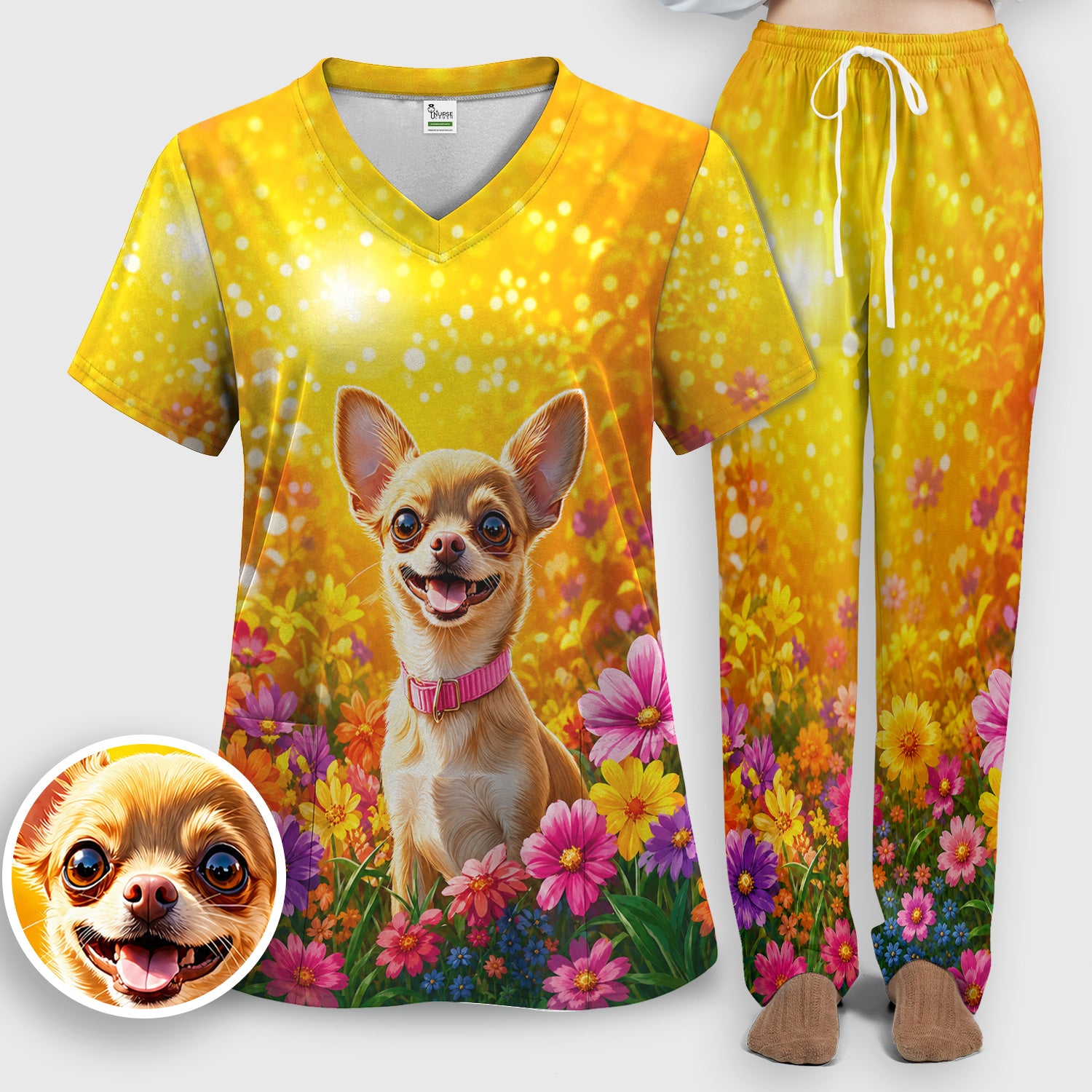 Cute Chihuahua Flower Meadow Pattern Scrub Set, Scrub Pants and V Neck Top