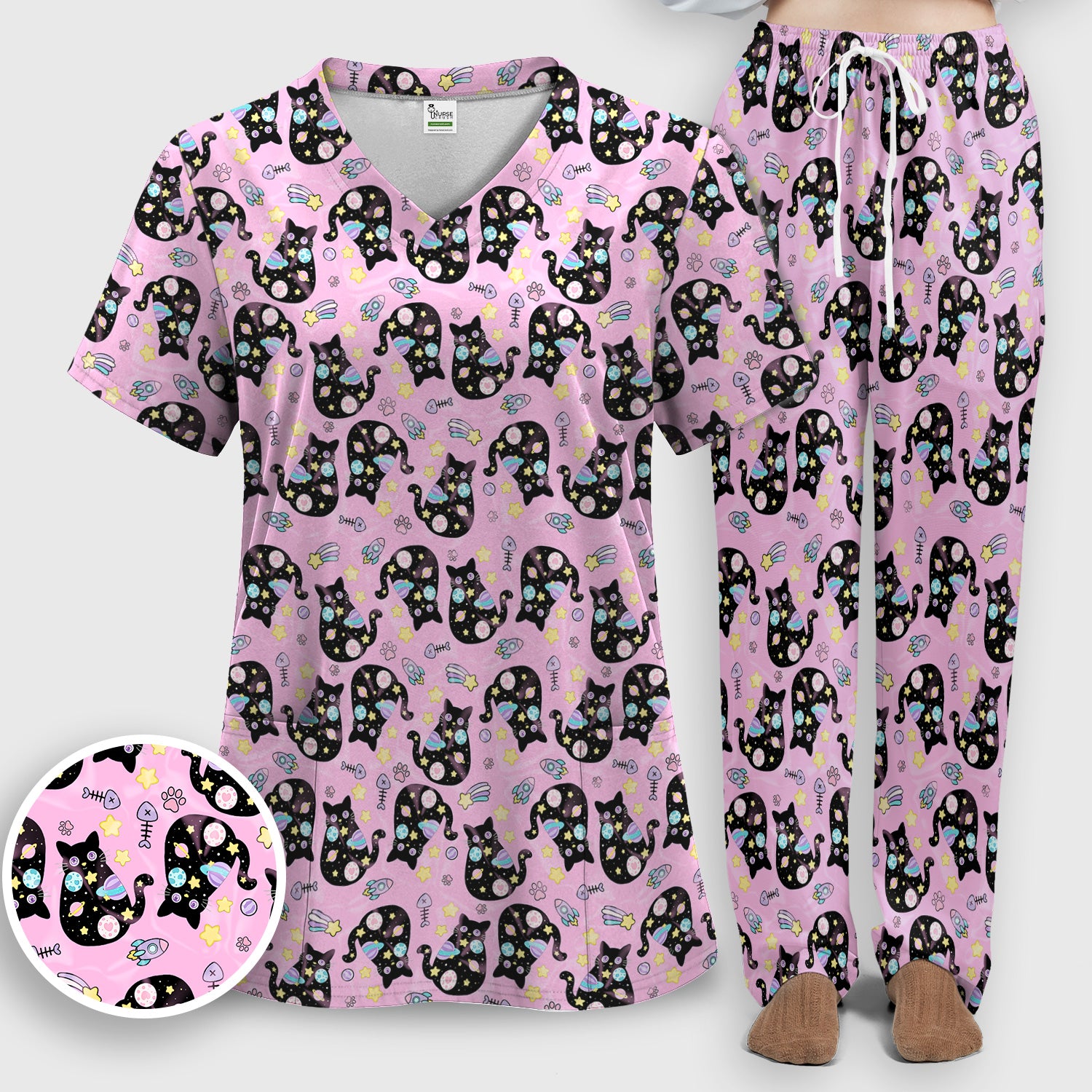 Galaxy Black Cat Space Pattern Scrub Top, Breathable Fabrics Nursing Uniform