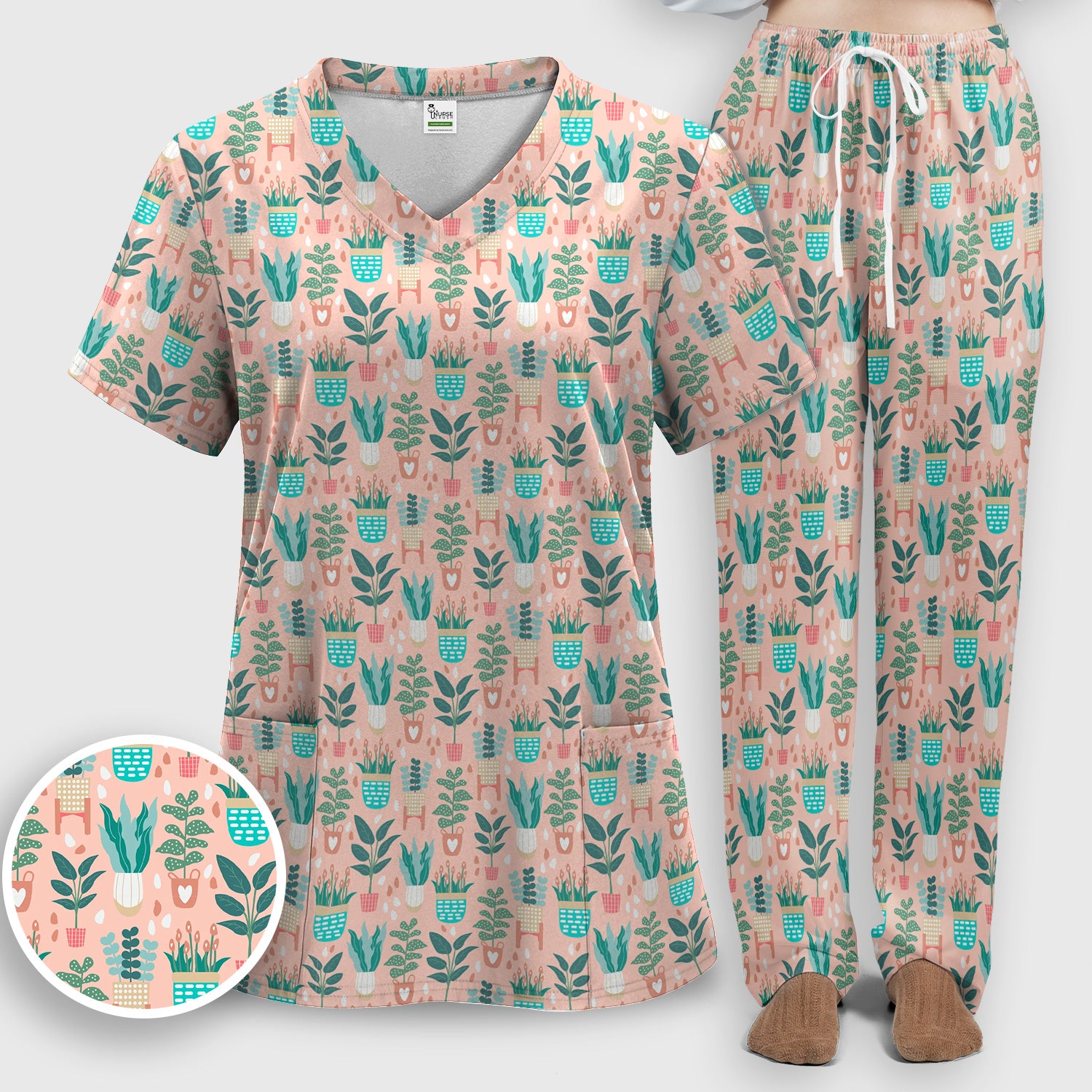 Potted Houseplant Leaves Pattern Scrub Set, Scrub Pants and V Neck Top