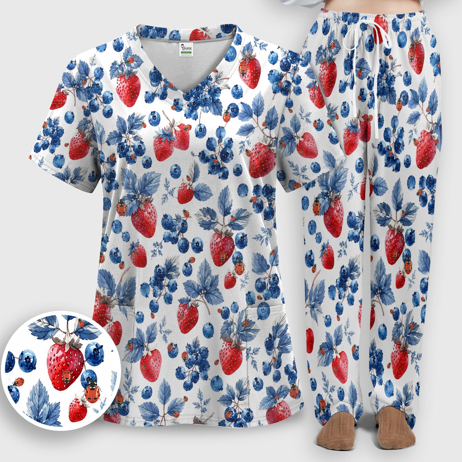 Cute Strawberry Blueberry Ladybug Pattern Scrub Set, Scrub Pants and V Neck Top