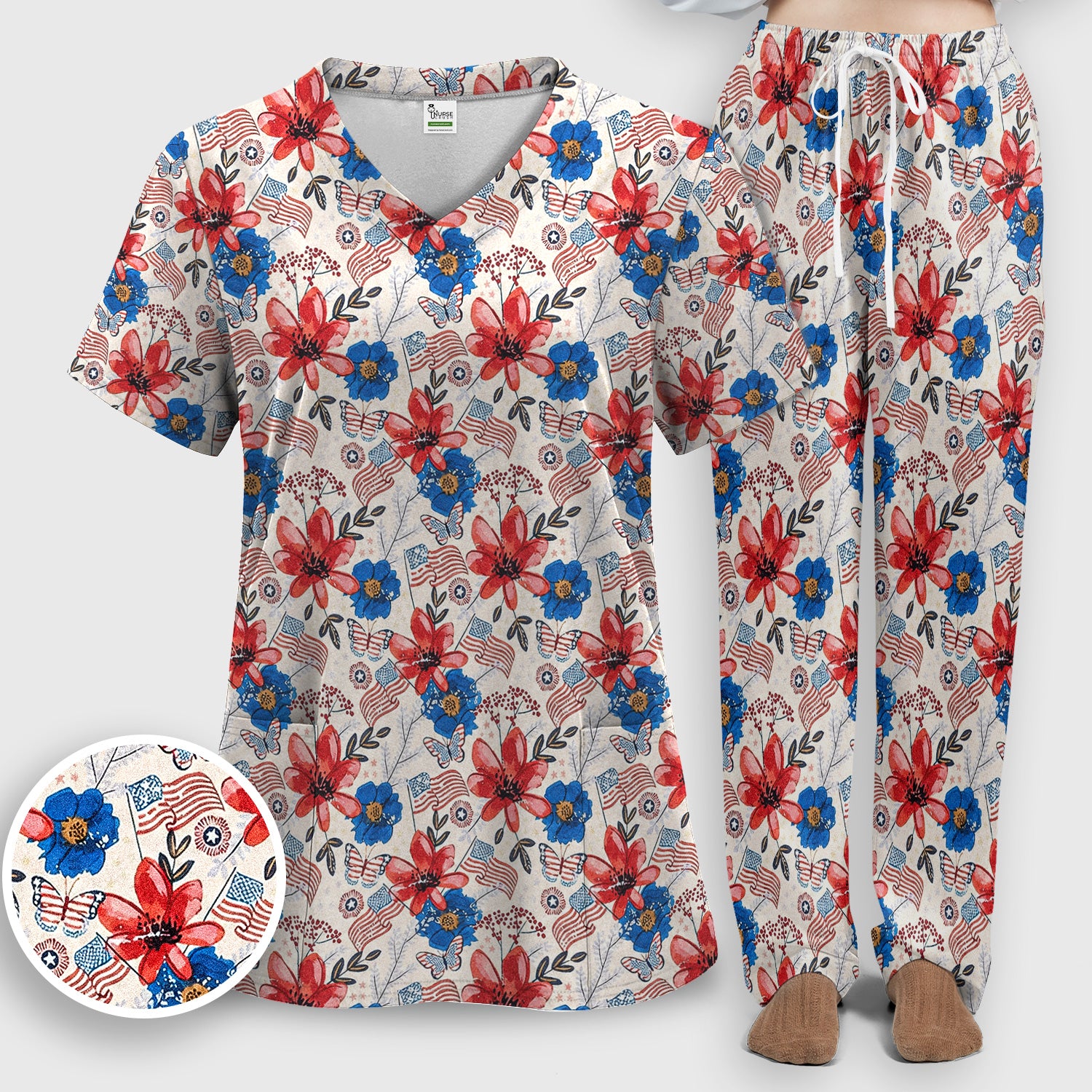 Patriotic Floral Flag Butterfly Pattern Scrub Set, Scrub Pants and V Neck Top