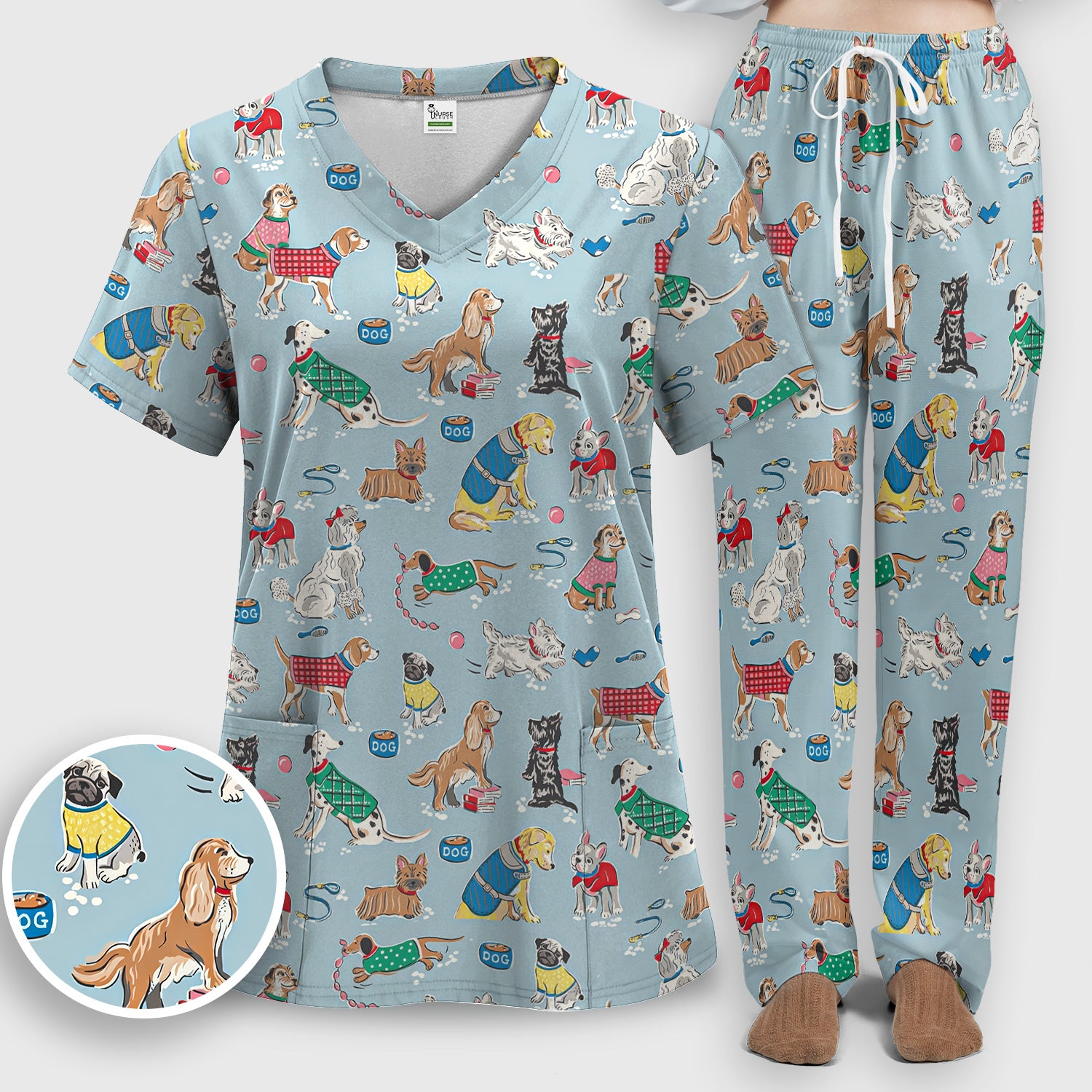 Cute Dog Wearing Sweater Playing Ball Pattern Scrub Set, Scrub Pants and V Neck Top