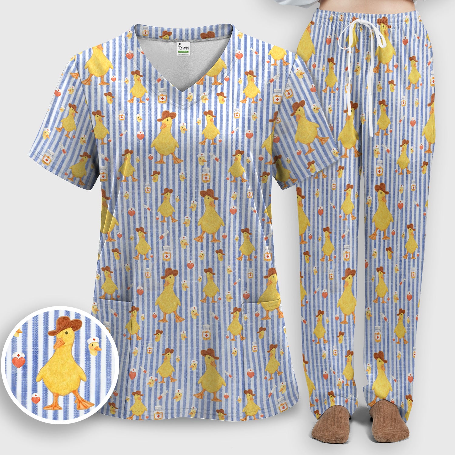 Cowboy Ducktor Vertical Stripe Pattern Scrub Set, Breathable Med Uniform