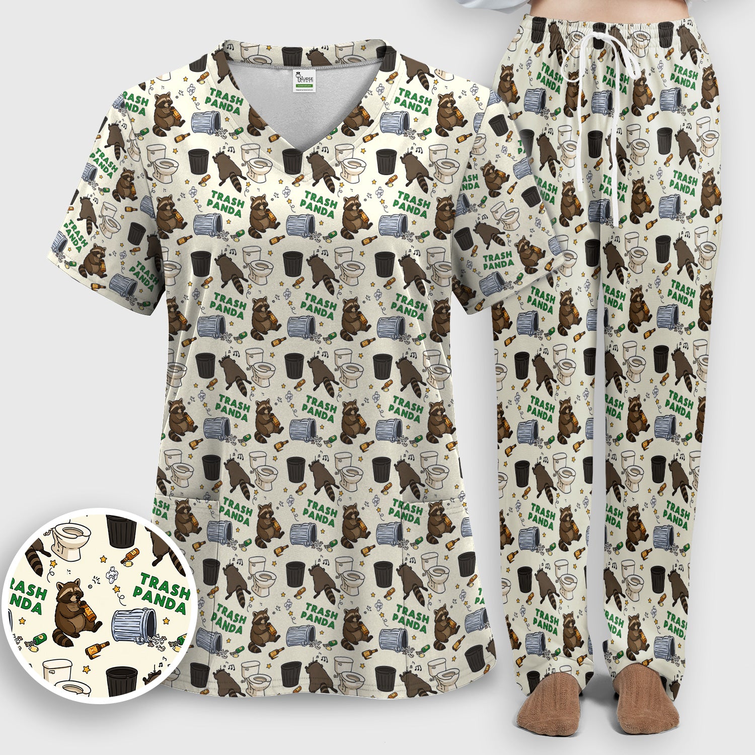 Funny Trash Panda Raccoon Scrub Set, Scrub Pants and V Neck Top