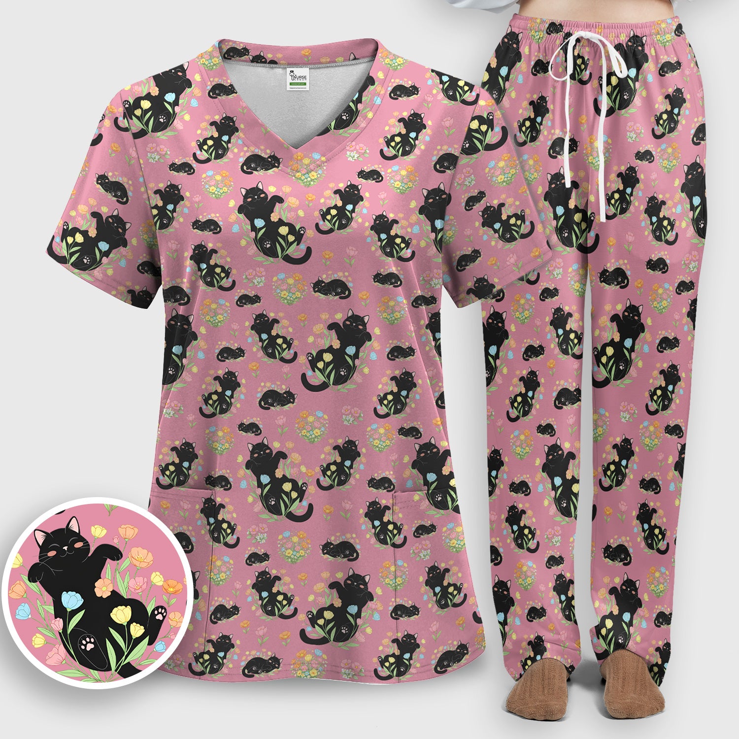 Cats With Cute Poses Floral Pattern Scrubs Sets, Scrub Pants and V Neck Top