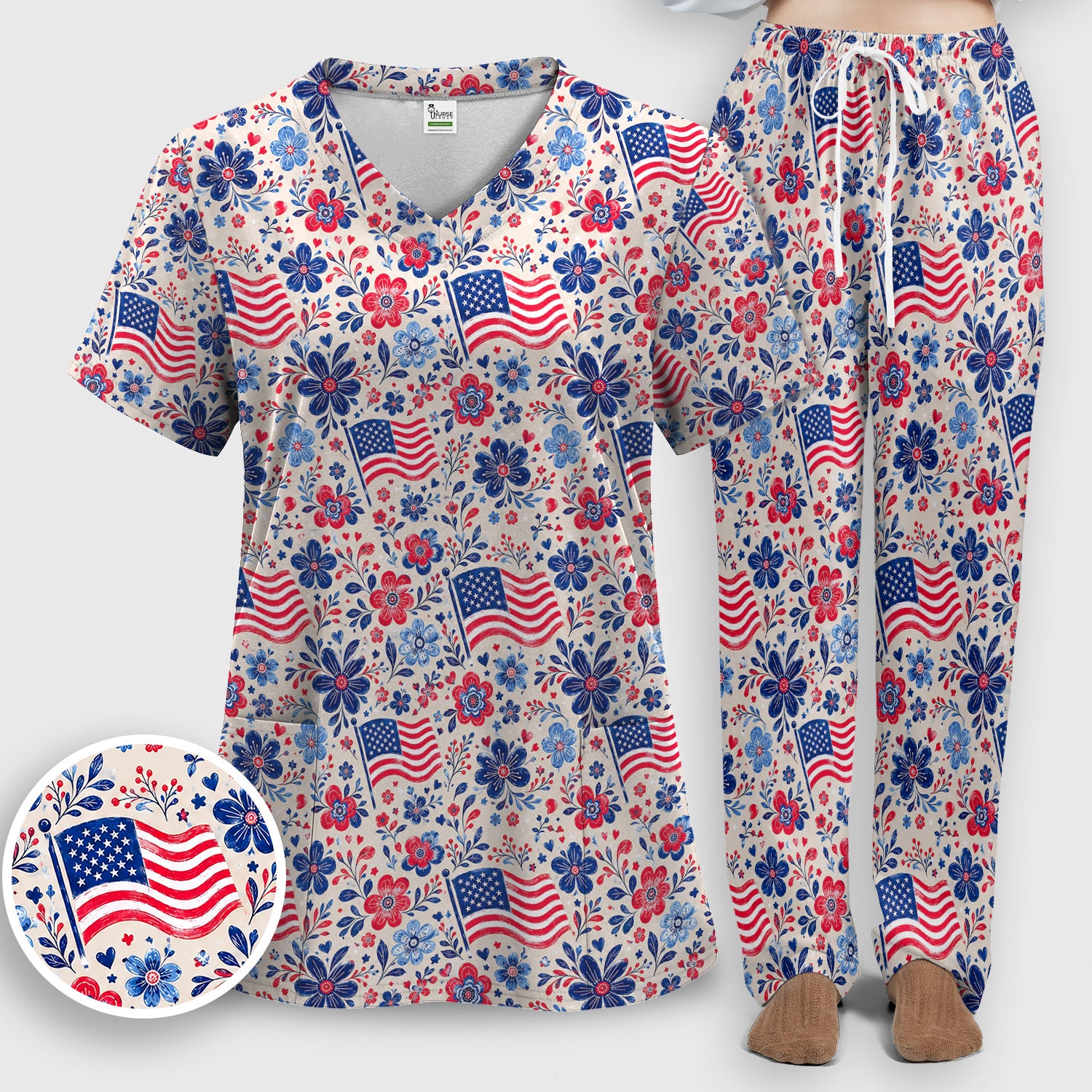 Patriotic Flag Floral Nurse Pattern Scrub Set, Scrub Pants and V Neck Top
