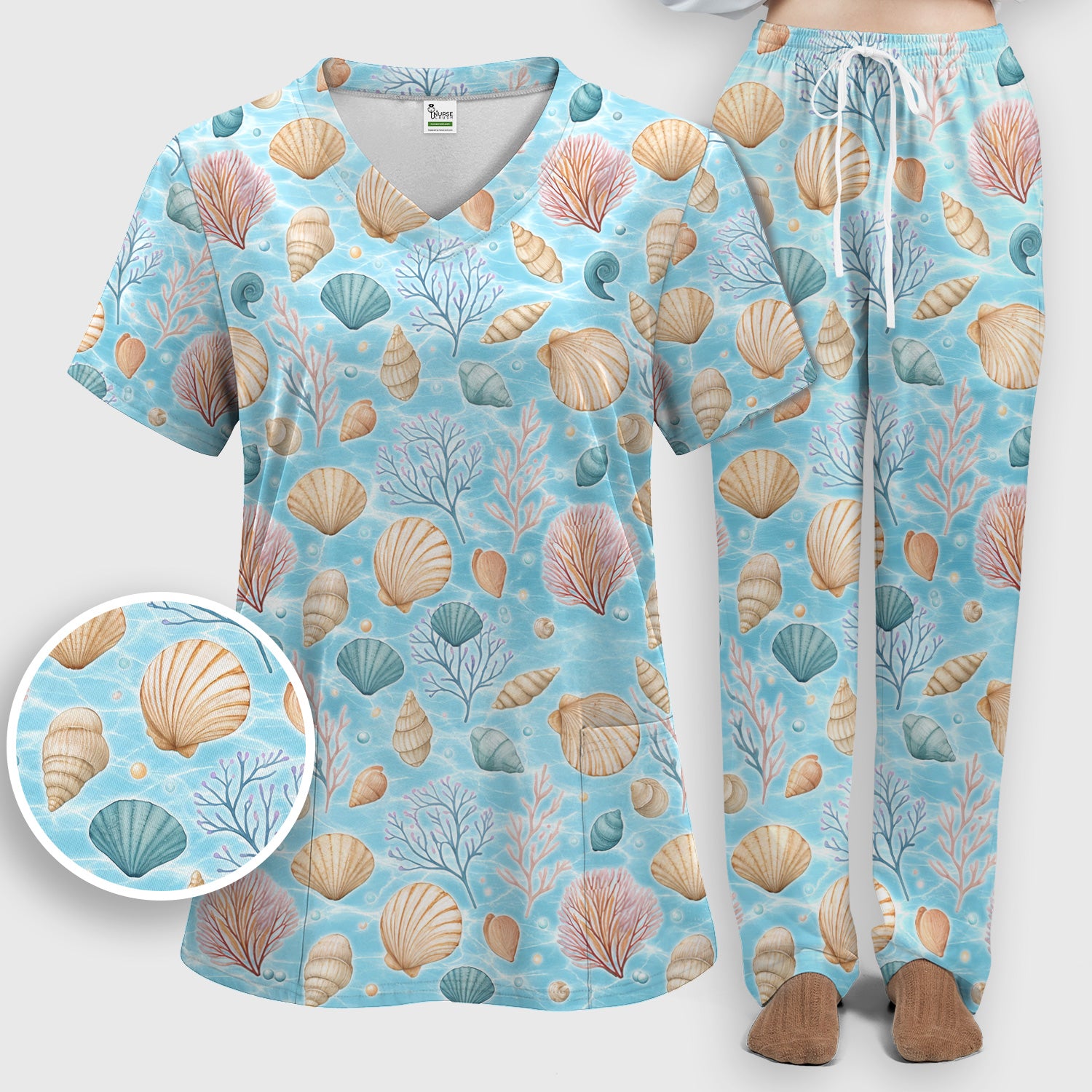 Cute Nurse Coastal Seashell And Coral Reef Scrub Set, Scrub Pants and V Neck Top