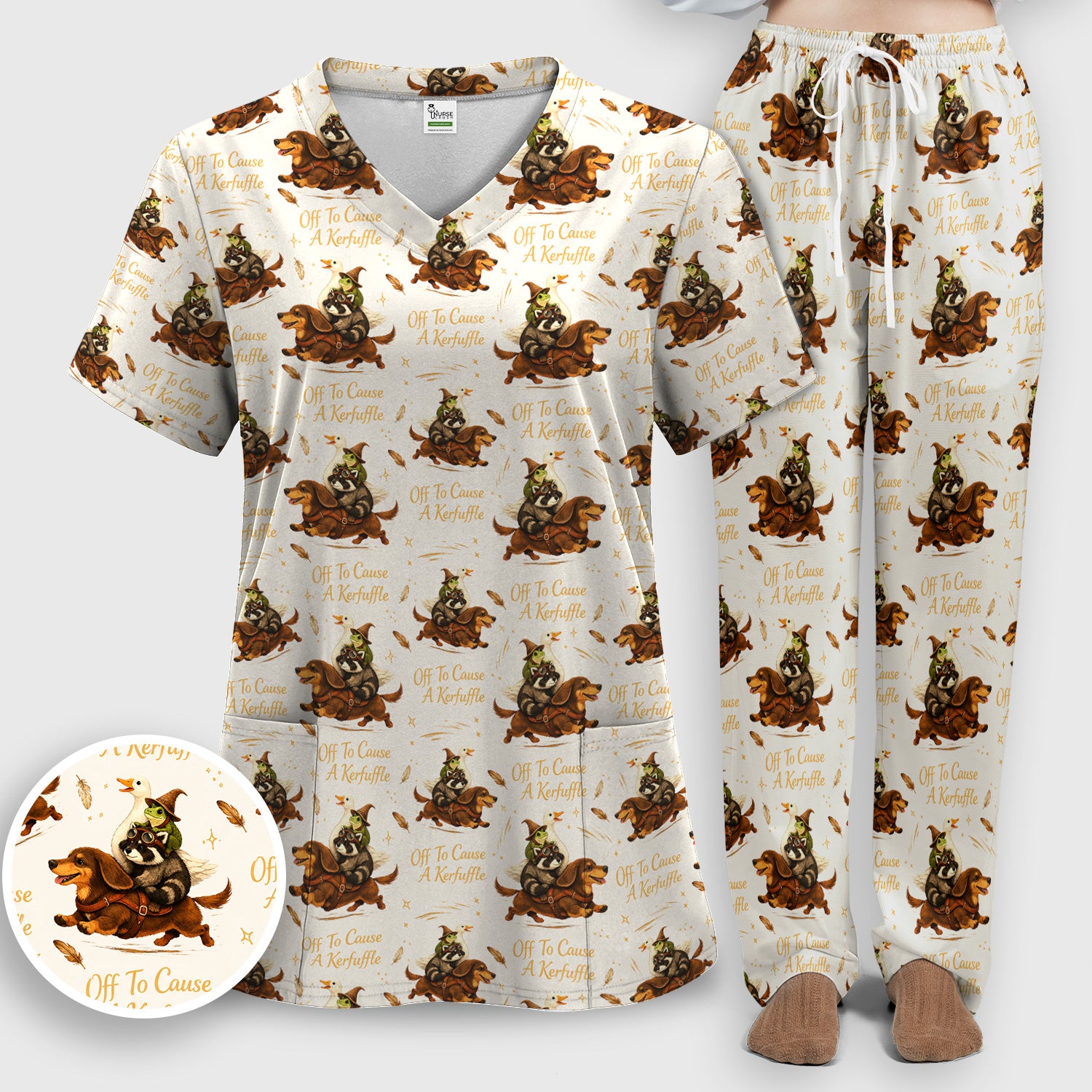 Funny Halloween Off To Cause A Kerfuffle Pattern Scrub Set, Scrub Pants and V Neck Top