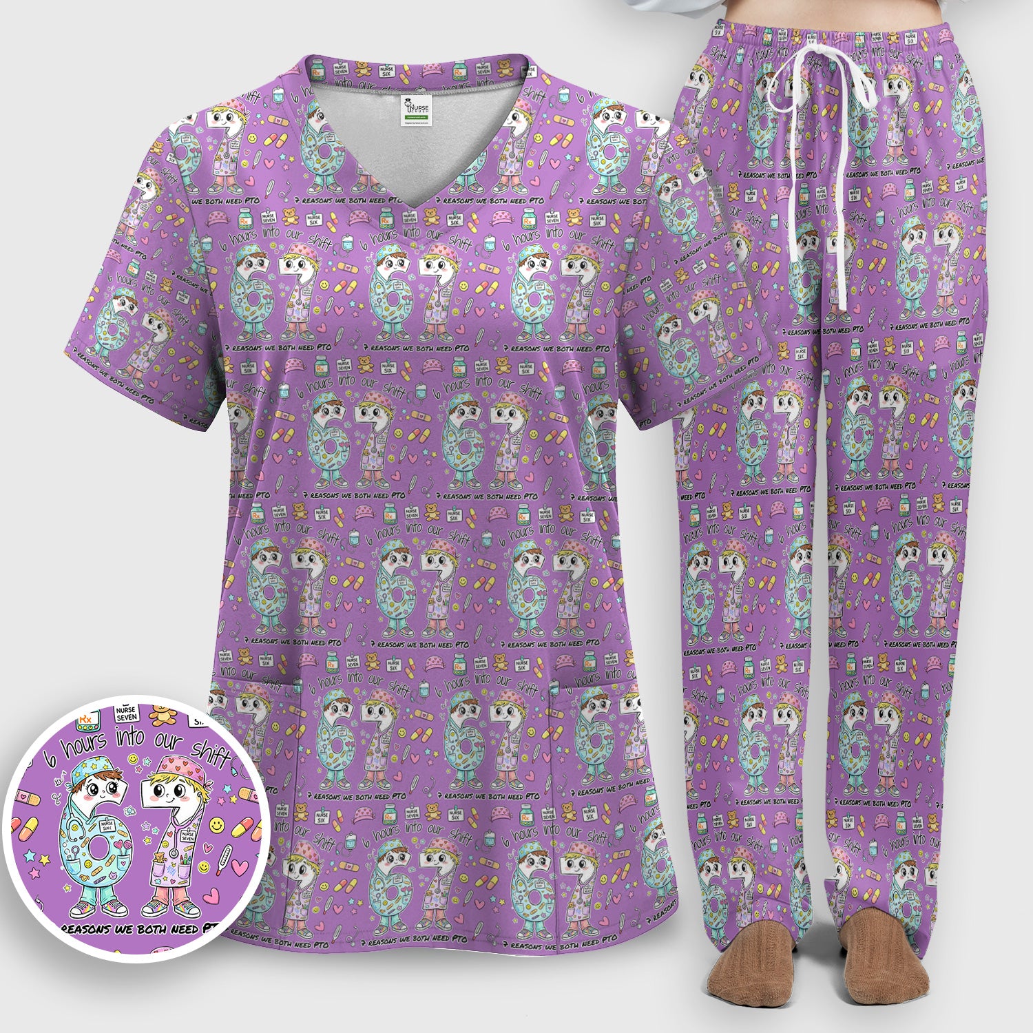Cartoon Characters Six Hours Into Shift With Medical Doodle Scrub Set, Breathable Med Uniform