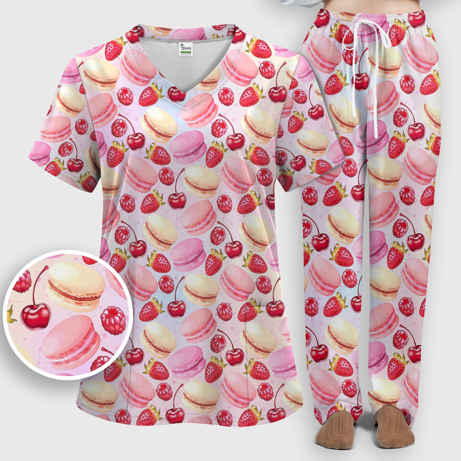 Sweet Dessert Pattern Scrub Set, Scrub Pants and V Neck Top