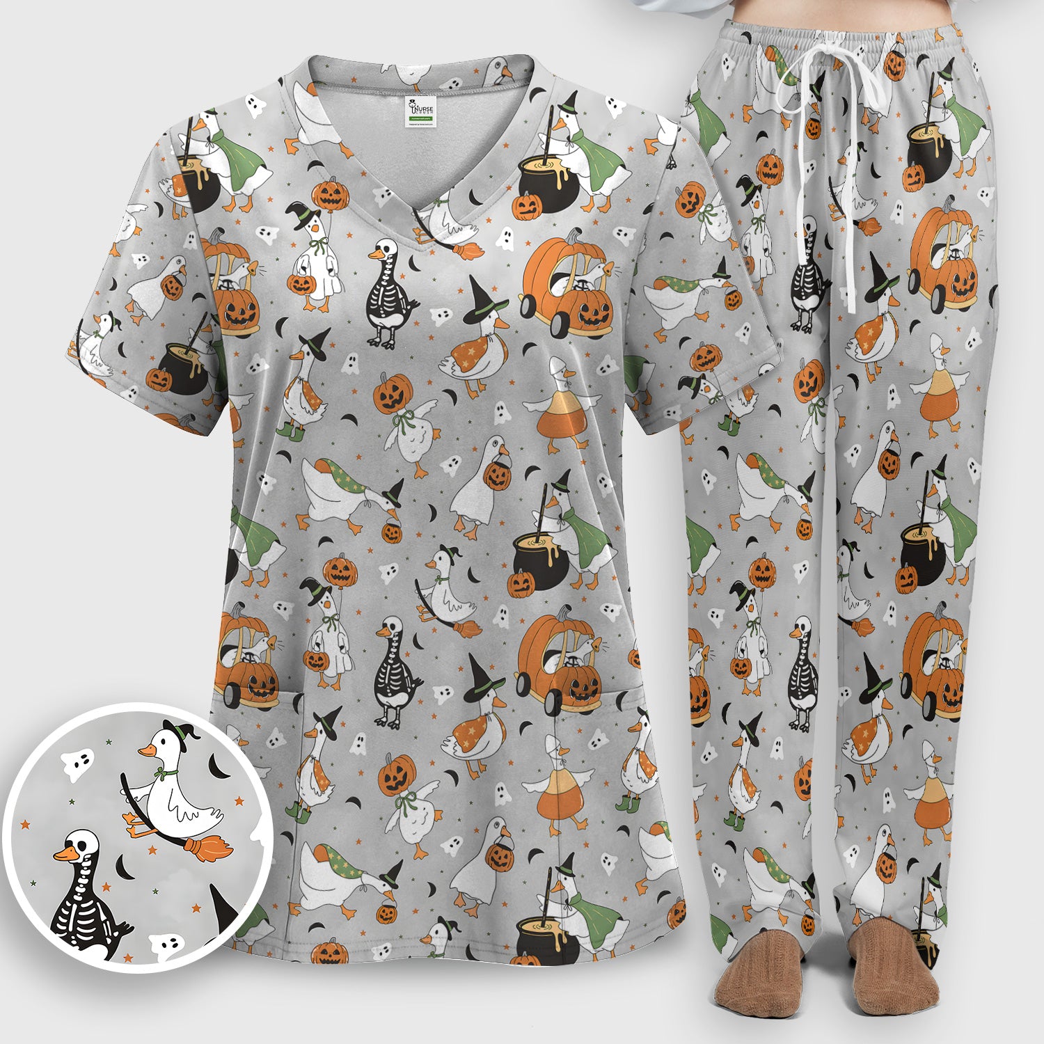 Goose with Pumpkin Checkered Print Scrub Set, Scrub Pants and V Neck Top