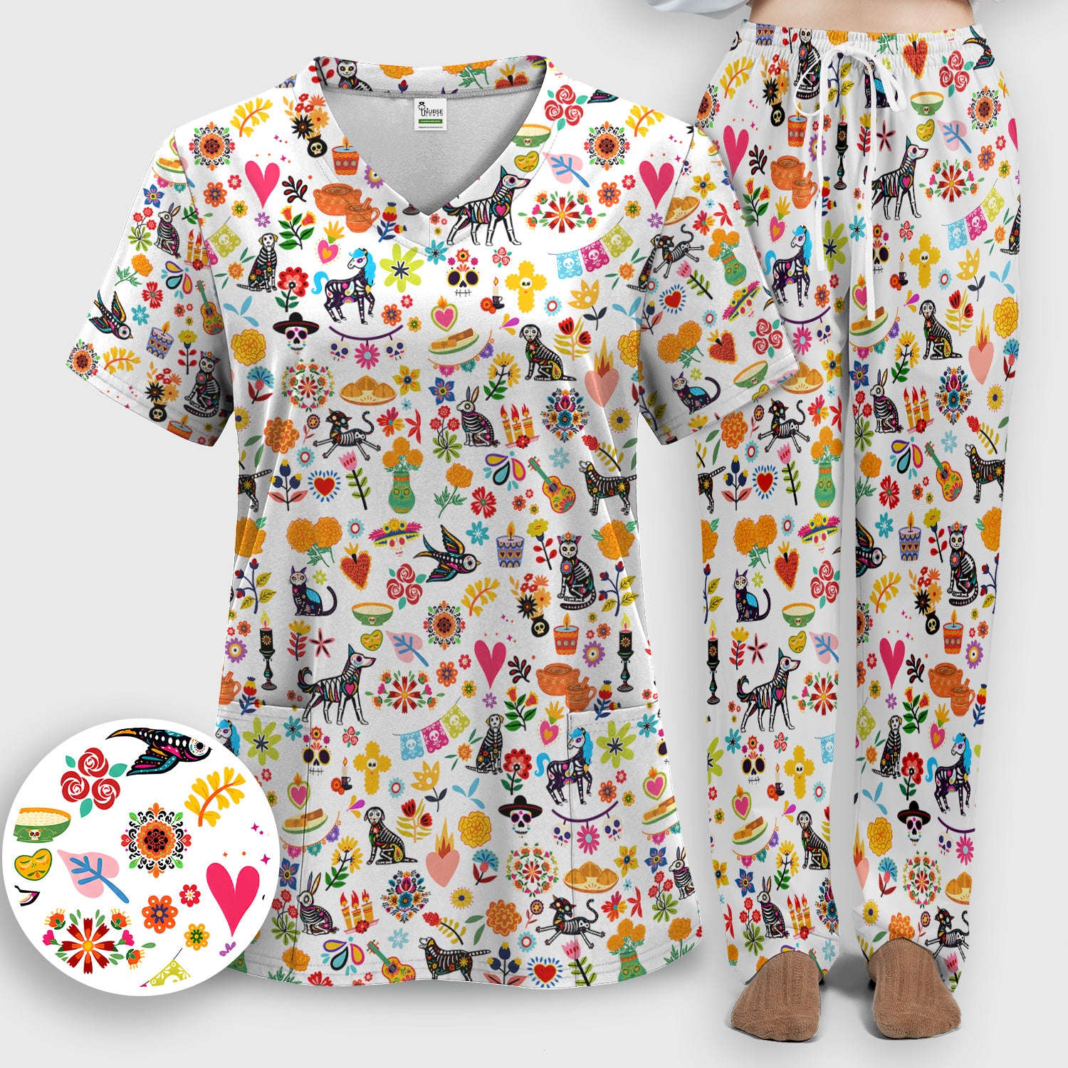 Day Of The Dead Sugar Skull Print Scrub Set, Scrub Pants and V Neck Top