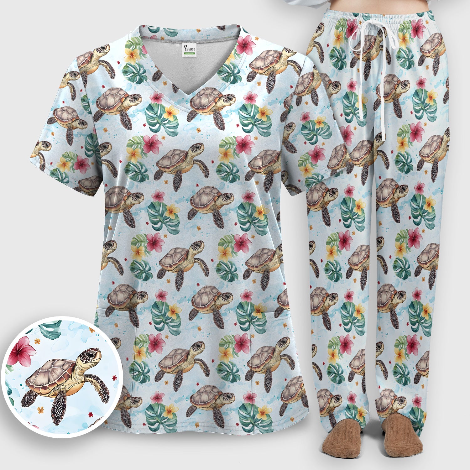 Sea Turtle Tropical Floral Pattern Scrub Set, Scrub Pants and V Neck Top