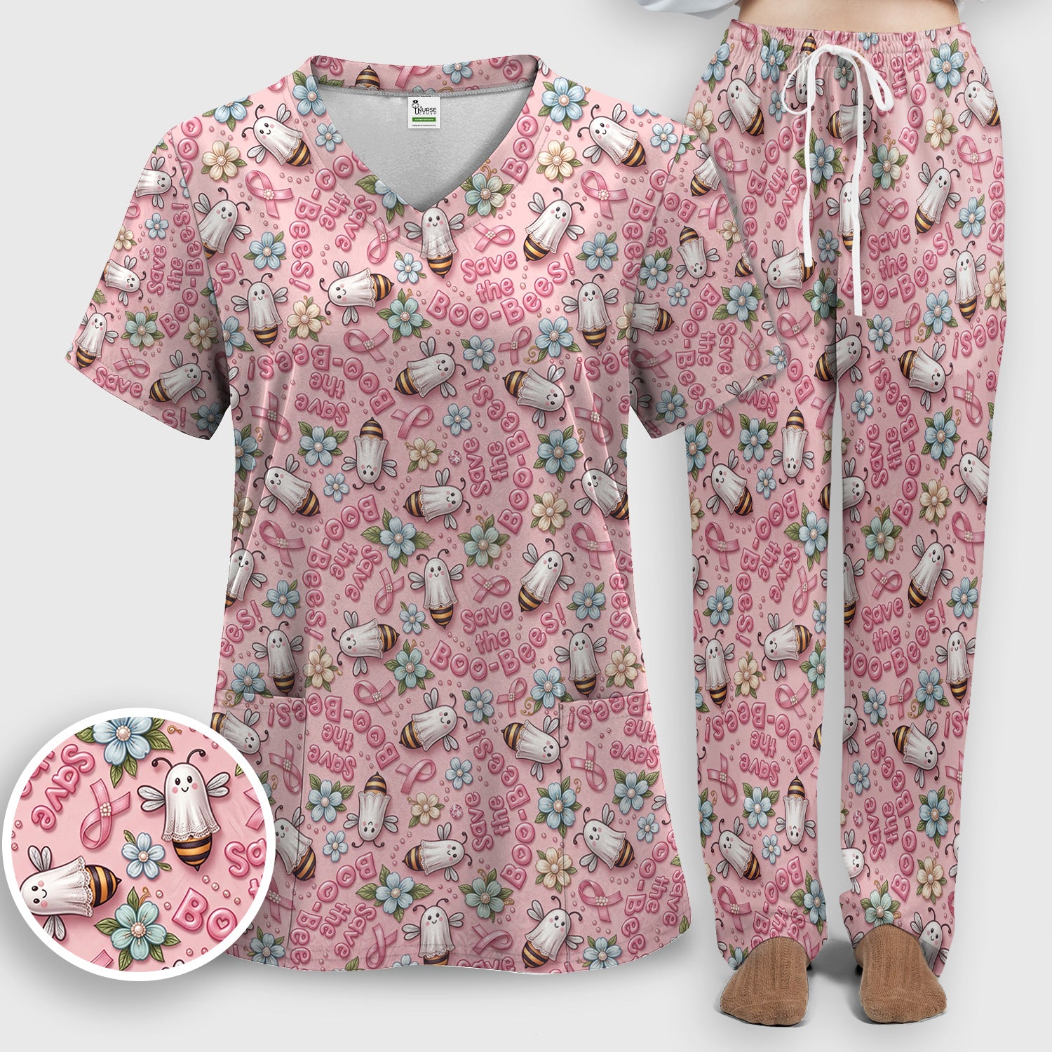 Save The Boo-Bees with Ribbon Scrub Set, Scrub Pants and V Neck Top