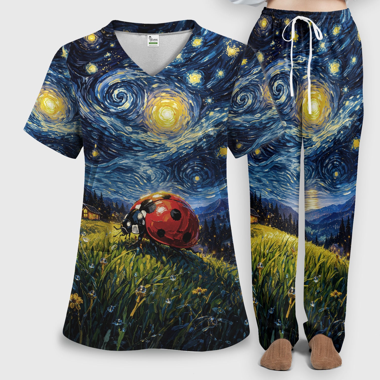 Swirl Night Sky Ladybug Landscape Art Print Scrub Set, Scrub Pants and V Neck Top
