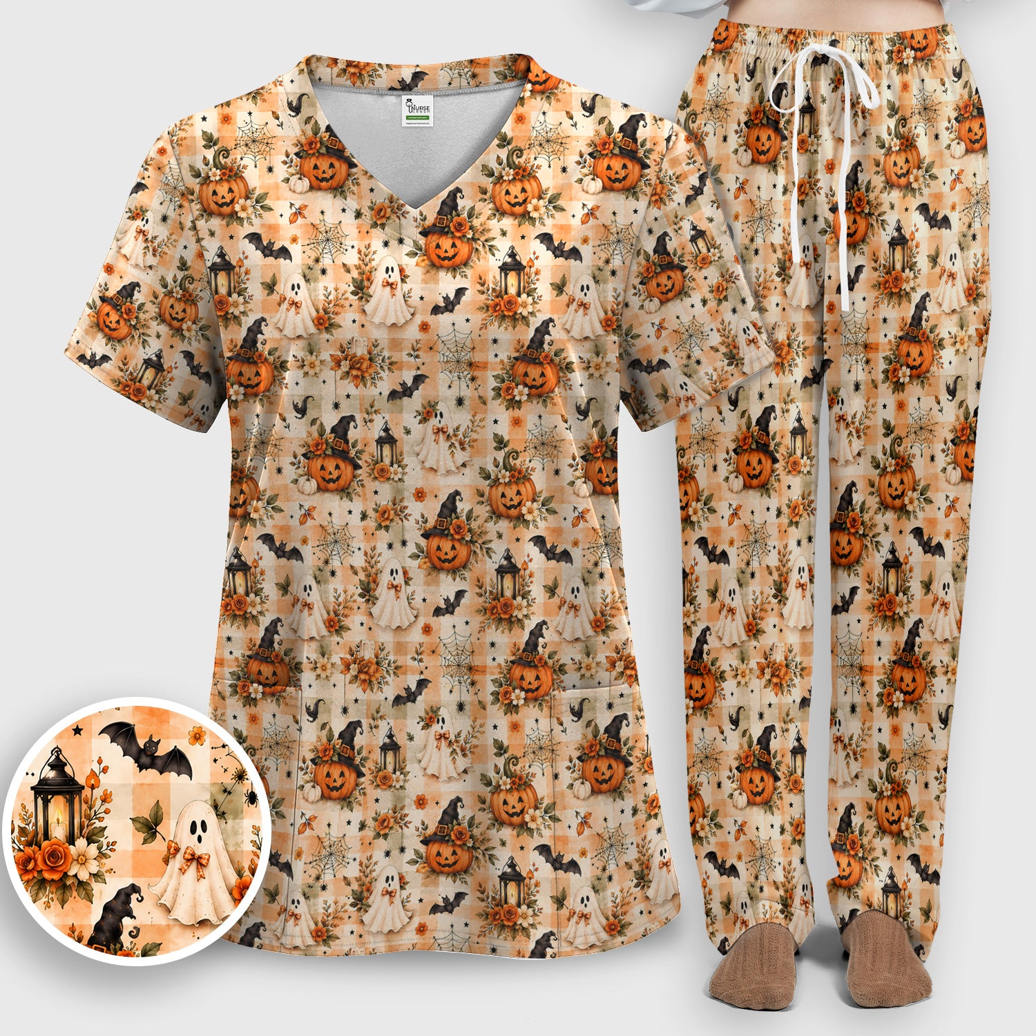 Vintage Halloween Pumpkin And Ghost Scrub Set, Scrub Pants and V Neck Top