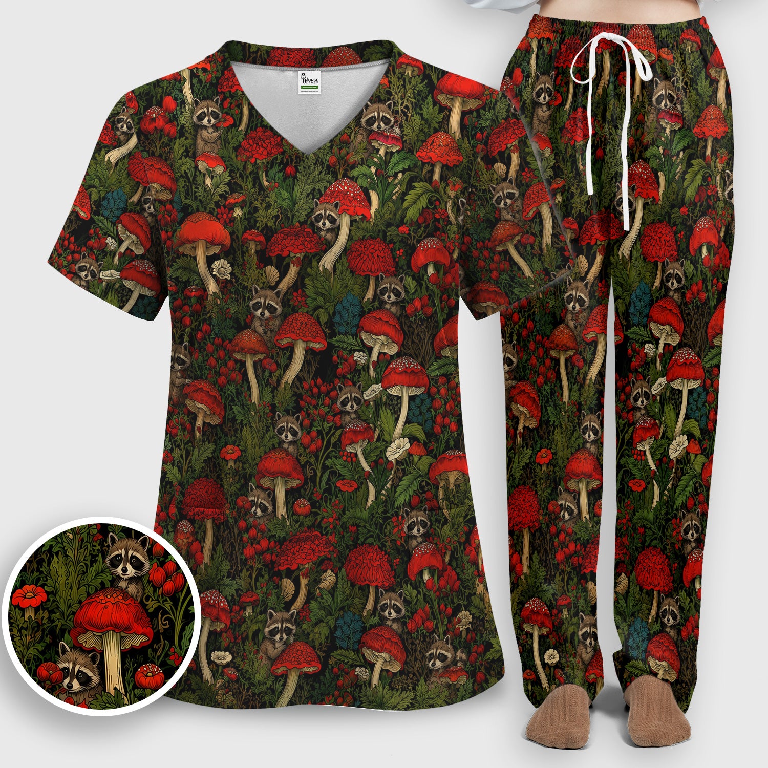 Woodland Raccoon Red Mushroom Pattern Scrub Set, Scrub Pants and V Neck Top
