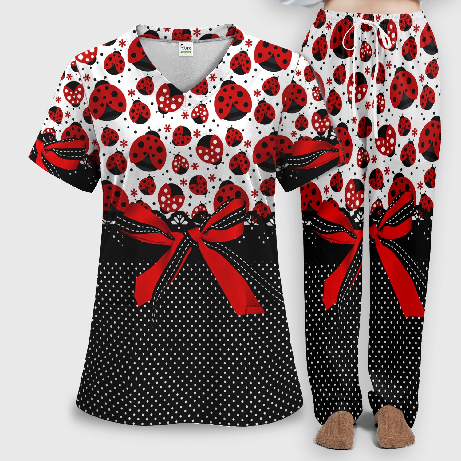 Cute Ladybug Red Ribbon Polka Pattern Scrub Set, Scrub Pants and V Neck Top