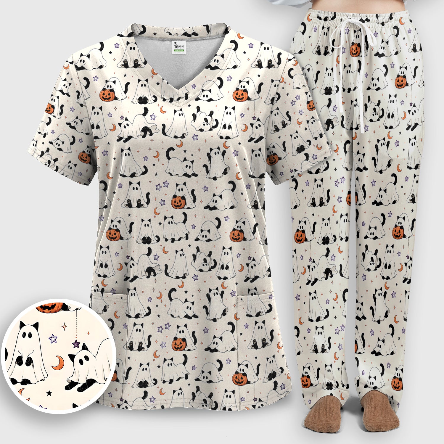 Halloween Ghost Cats And Pumpkins Scrub Set, Scrub Pants and V Neck Top