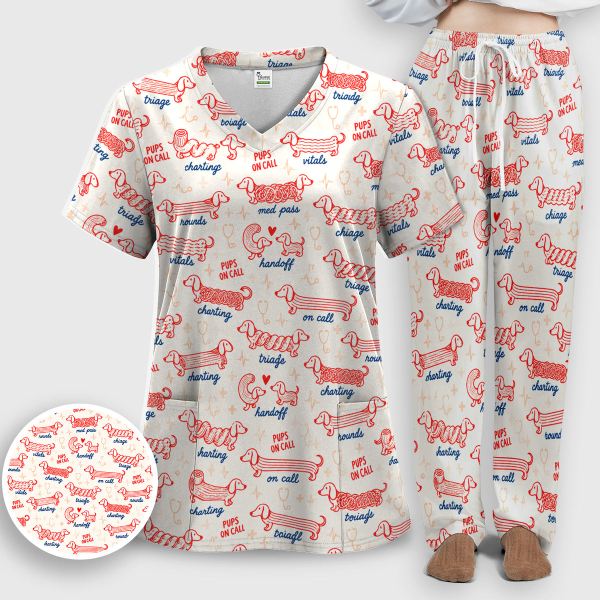 Cute Pups On Call Dachshund Pattern Scrub Set, Scrub Pants and V Neck Top