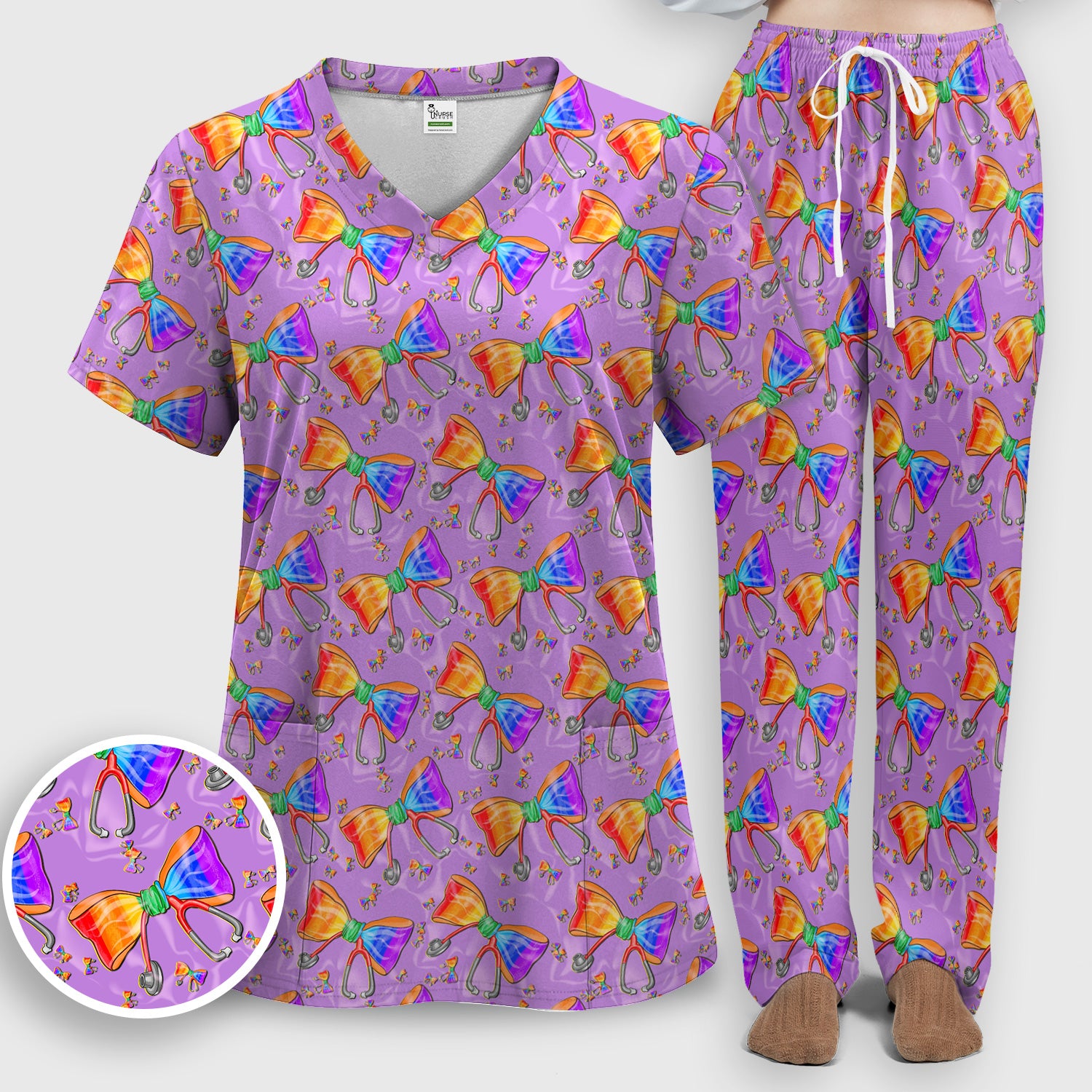 Colorful Rainbow Bow Stethoscope Pattern Scrub Top, Breathable Fabrics Nursing Uniform