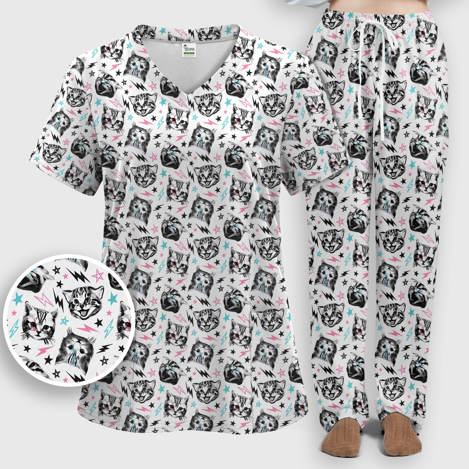 Playful Cat Faces Lightning Pattern Scrub Set, Scrub Pants and V Neck Top