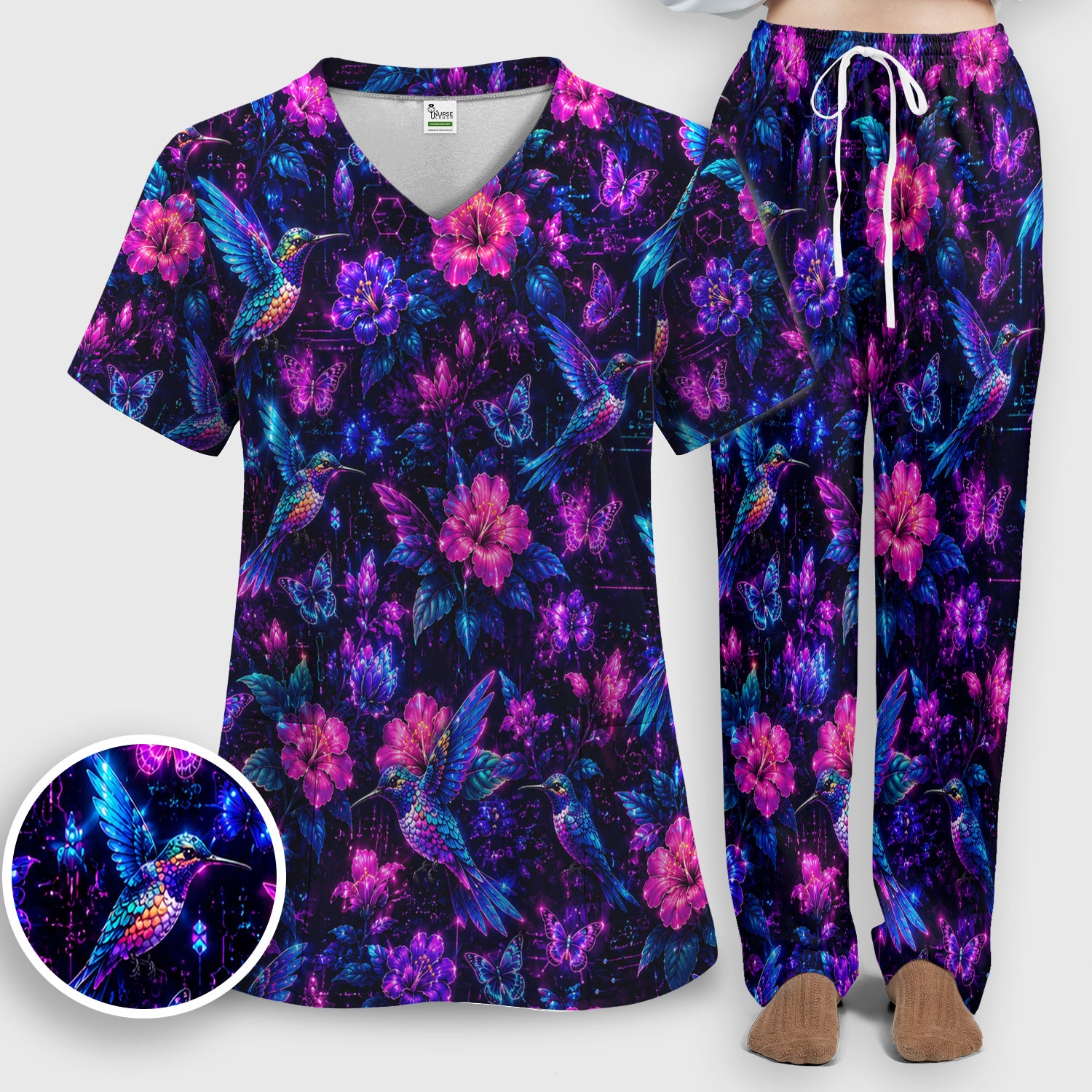 Neon Hummingbird Butterfly Bloom Pattern Scrub Set, Scrub Pants and V Neck Top