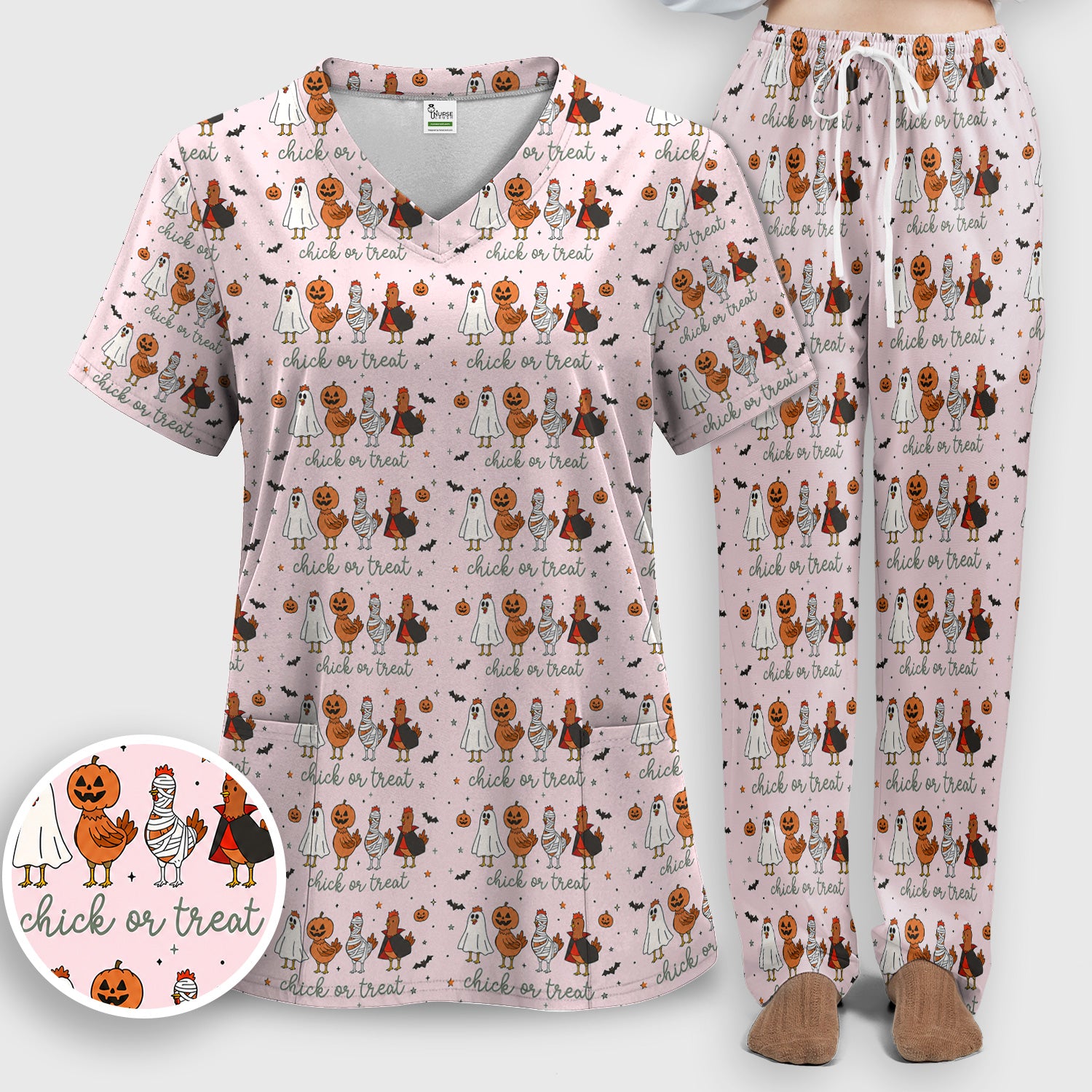 Funny Chick Or Treat Season Scrub Set, Scrub Pants and V Neck Top