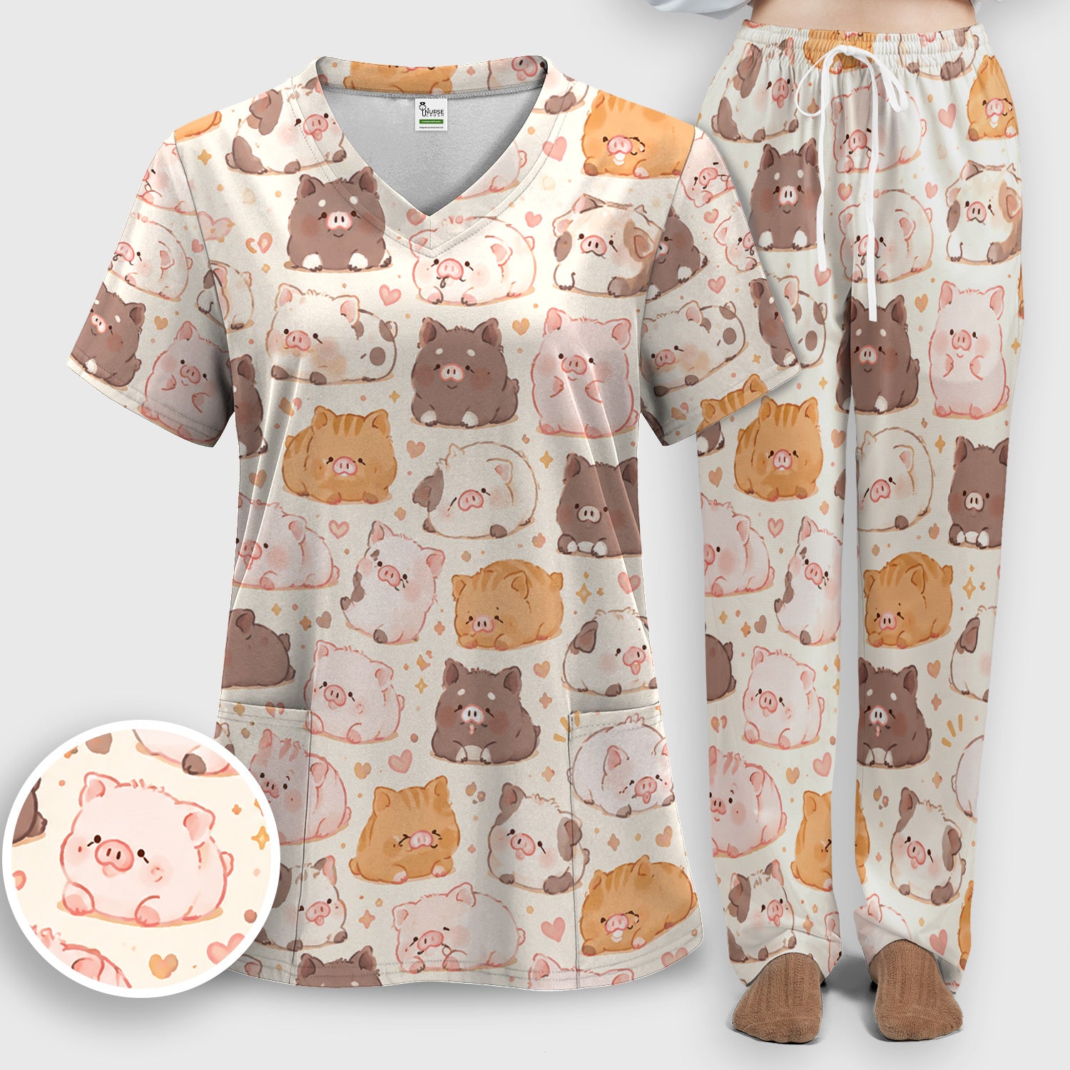Cute Chubby Pig Nurse Print Scrub Set, Scrub Pants and V Neck Top