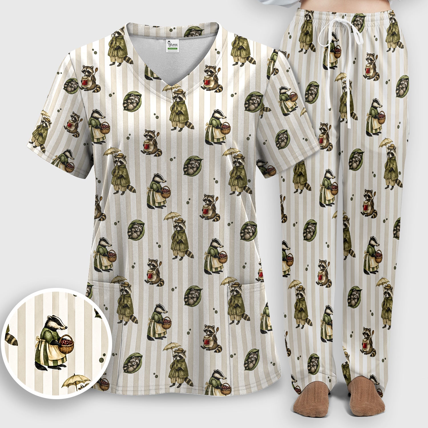 Cute Woodland Raccoon Print Scrub Set, Scrub Pants and V Neck Top
