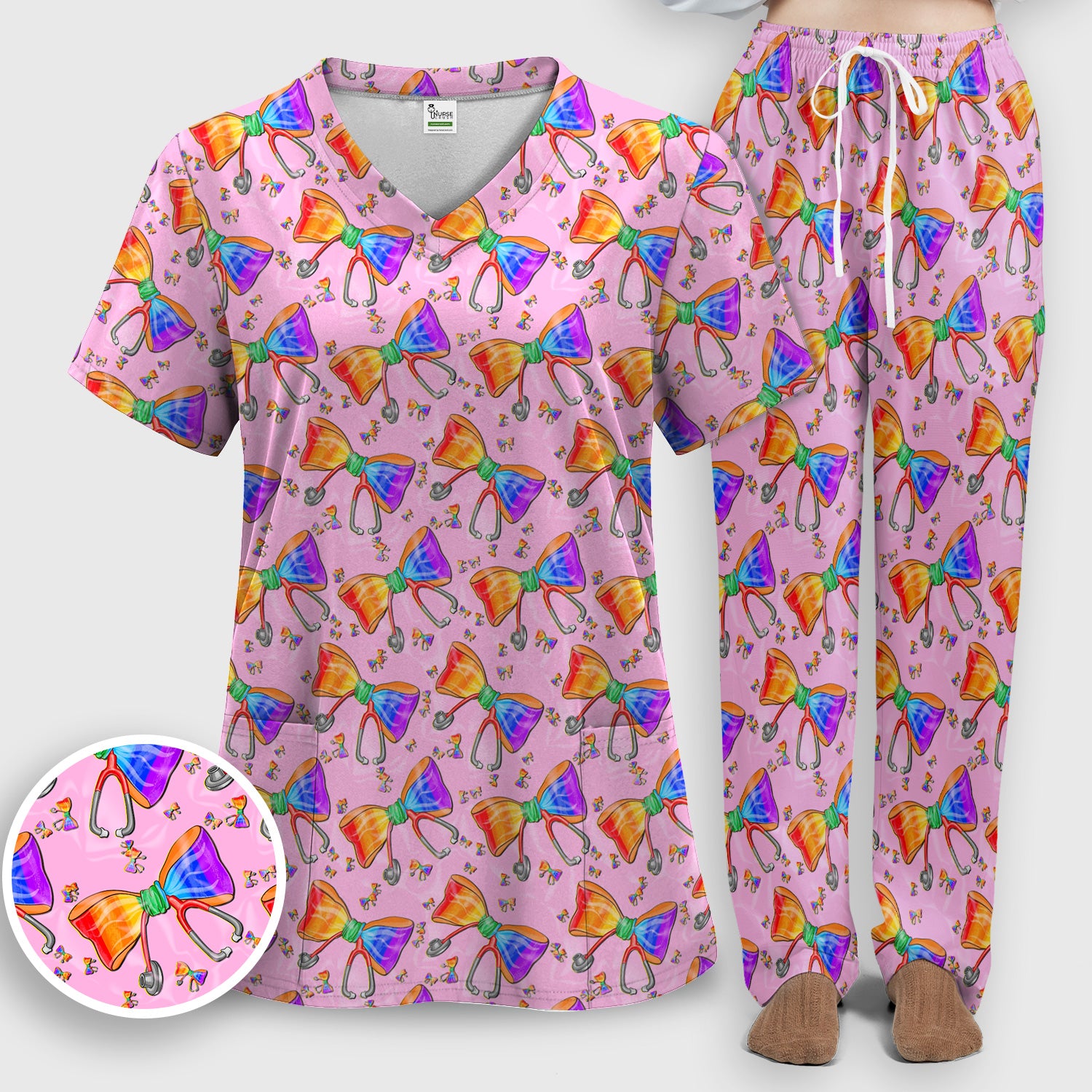 Colorful Rainbow Bow Stethoscope Pattern Scrub Top, Breathable Fabrics Nursing Uniform