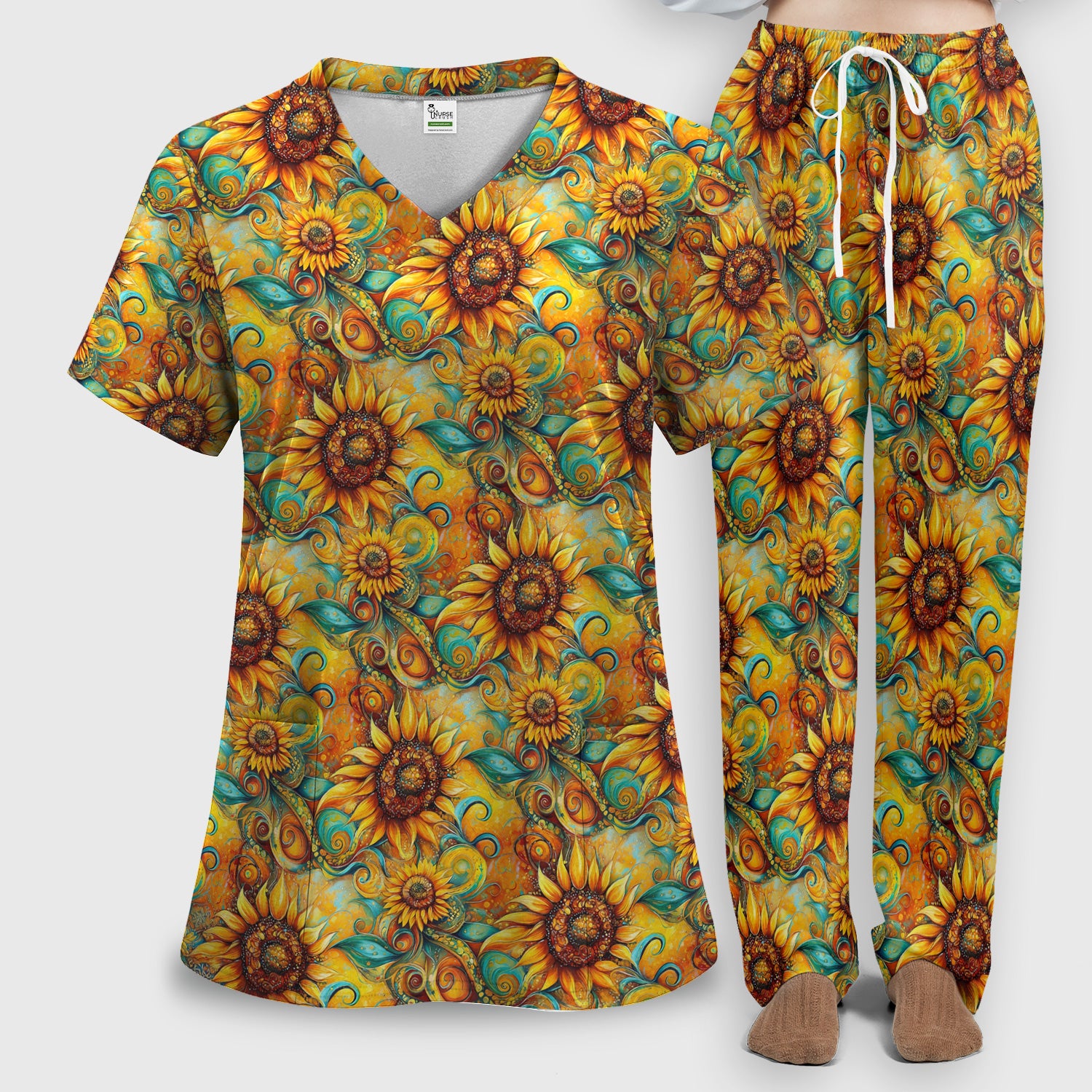 Sunflower Swirl Floral Pattern Scrub Set, Scrub Pants and V Neck Top
