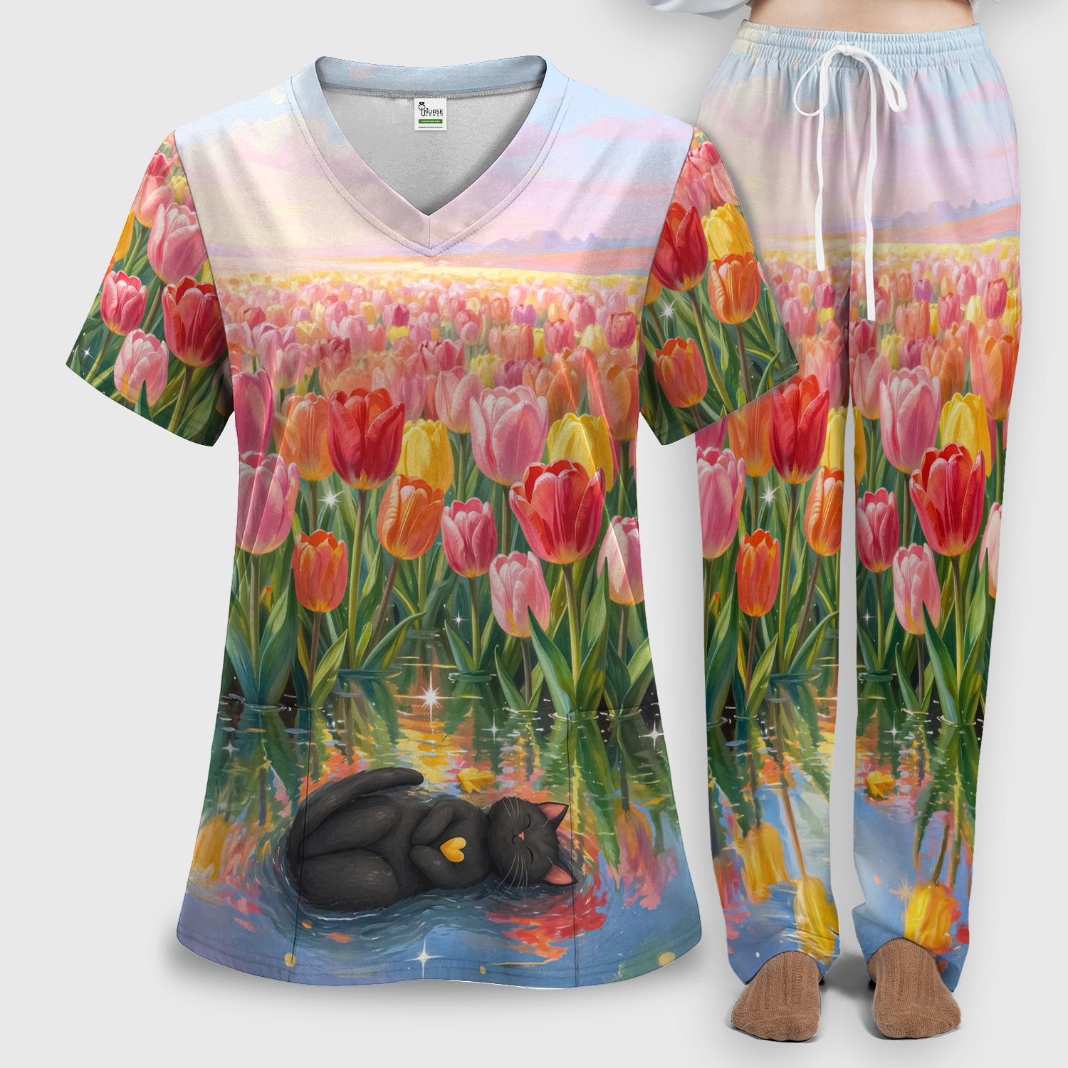 Sleeping Black Cat In Tulip Flower Field Scrub Set, Scrub Pants and V Neck Top