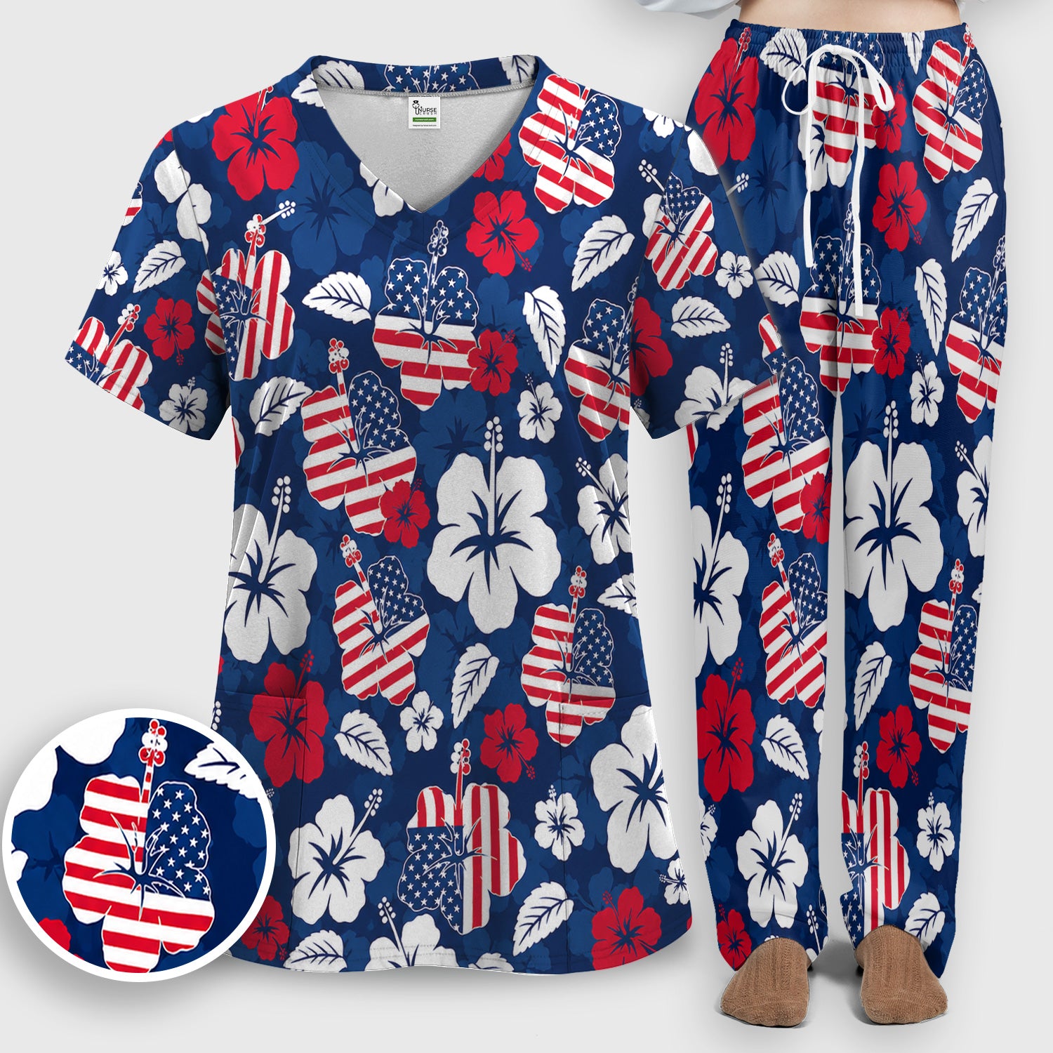 Patriotic Hibiscus Flag Floral Print Scrub Set, Scrub Pants and V Neck Top