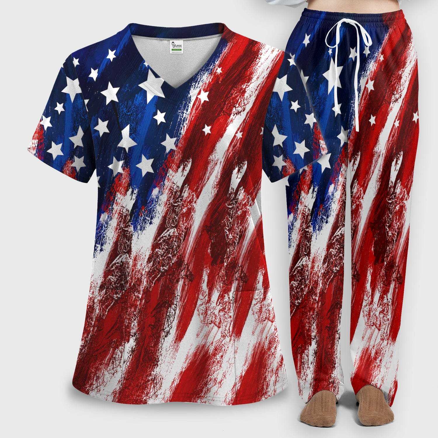 Patriotic American Flag Nurse Scrub Top for RN, CNA, Healthcare Workers, USA Medical Uniform Scrub Set, Scrub Pants and V Neck Top
