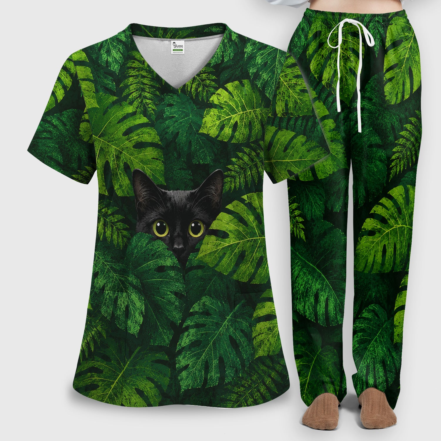Cute Hidden Black Cat Pattern Scrub Set, Scrub Pants and V Neck Top