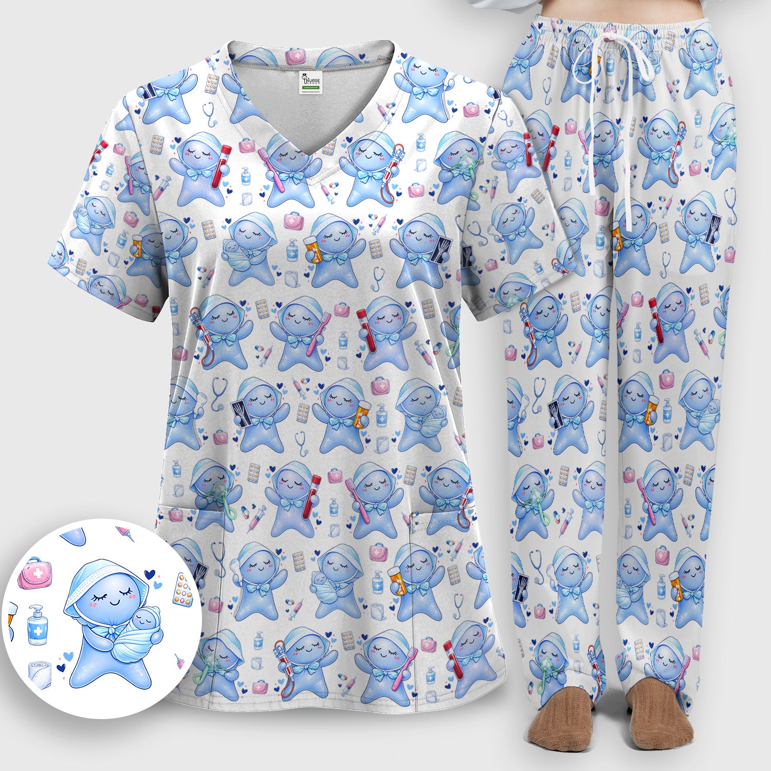Cute Tooth Character Dental Tools Caring Pattern Scrub Set, Breathable Med Uniform