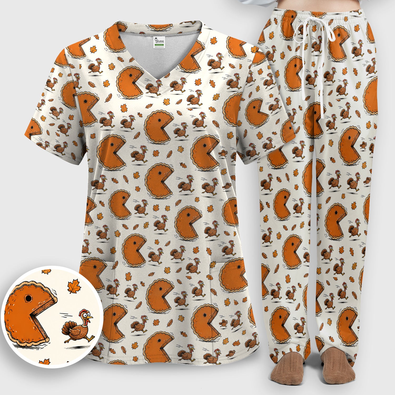Thanksgiving Pie Chasing Turkey Scrub Set, Scrub Pants and V Neck Top