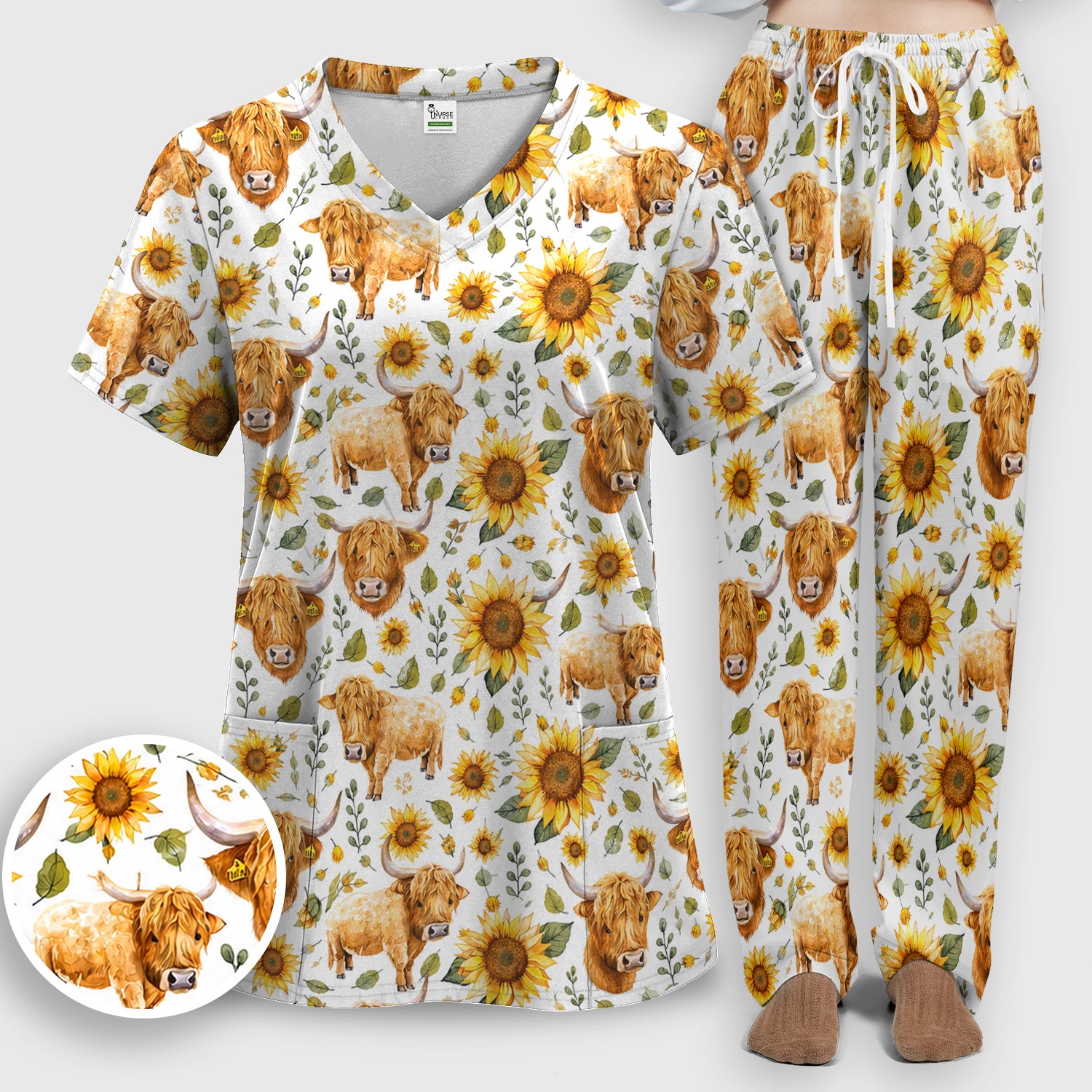 Highland Cow Sunflower Pattern Scrub Set, Scrub Pants and V Neck Top