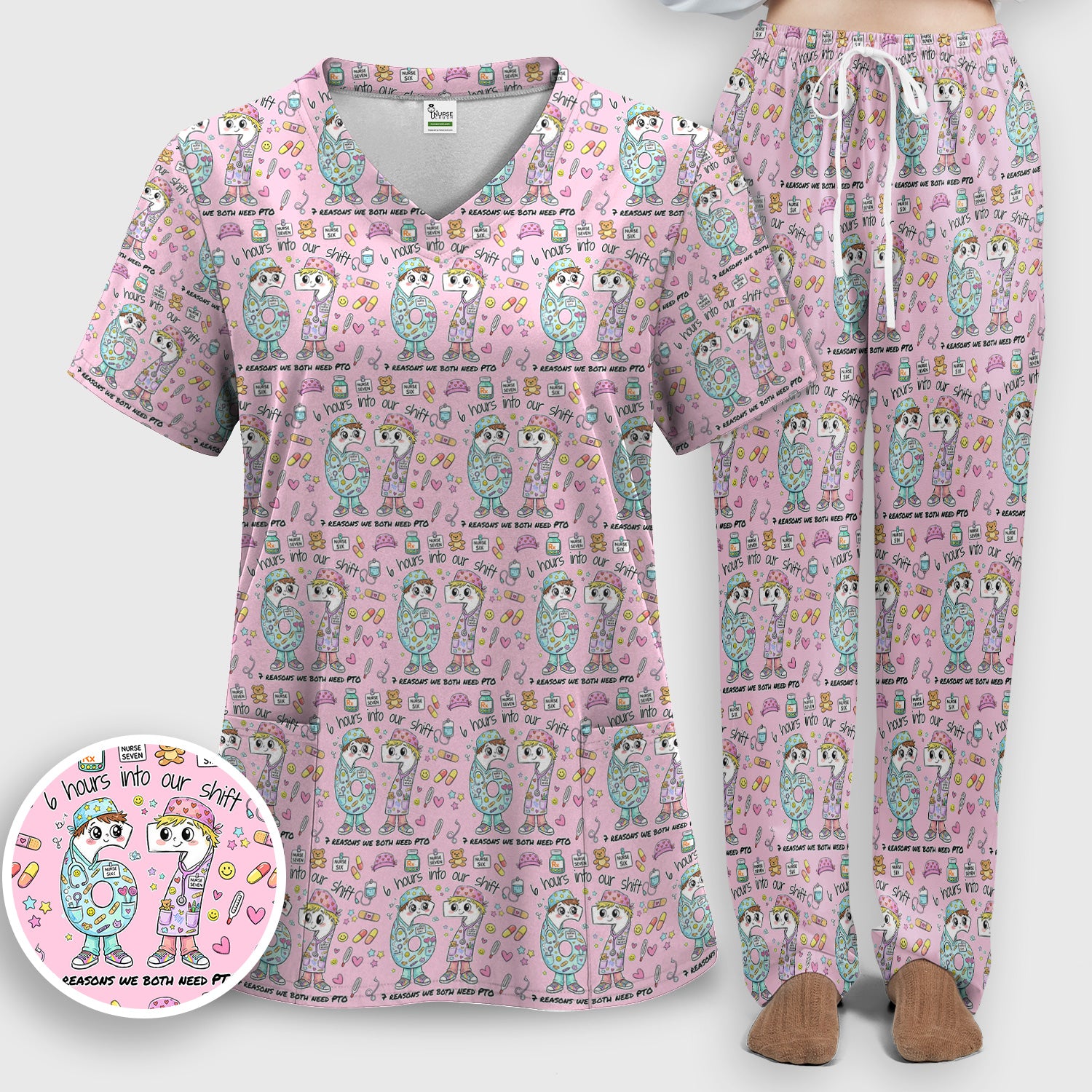 Cartoon Characters Six Hours Into Shift With Medical Doodle Scrub Set, Breathable Med Uniform
