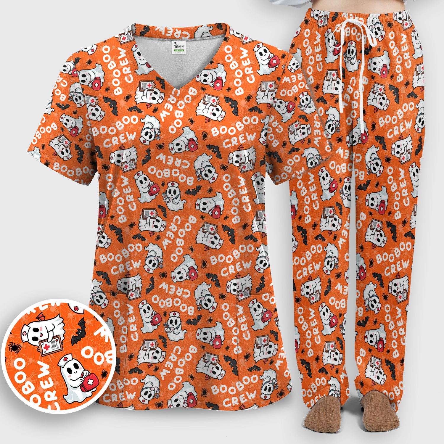 Cute Halloween Boo Boo Crew Ghost Scrub Set, Scrub Pants and V Neck Top